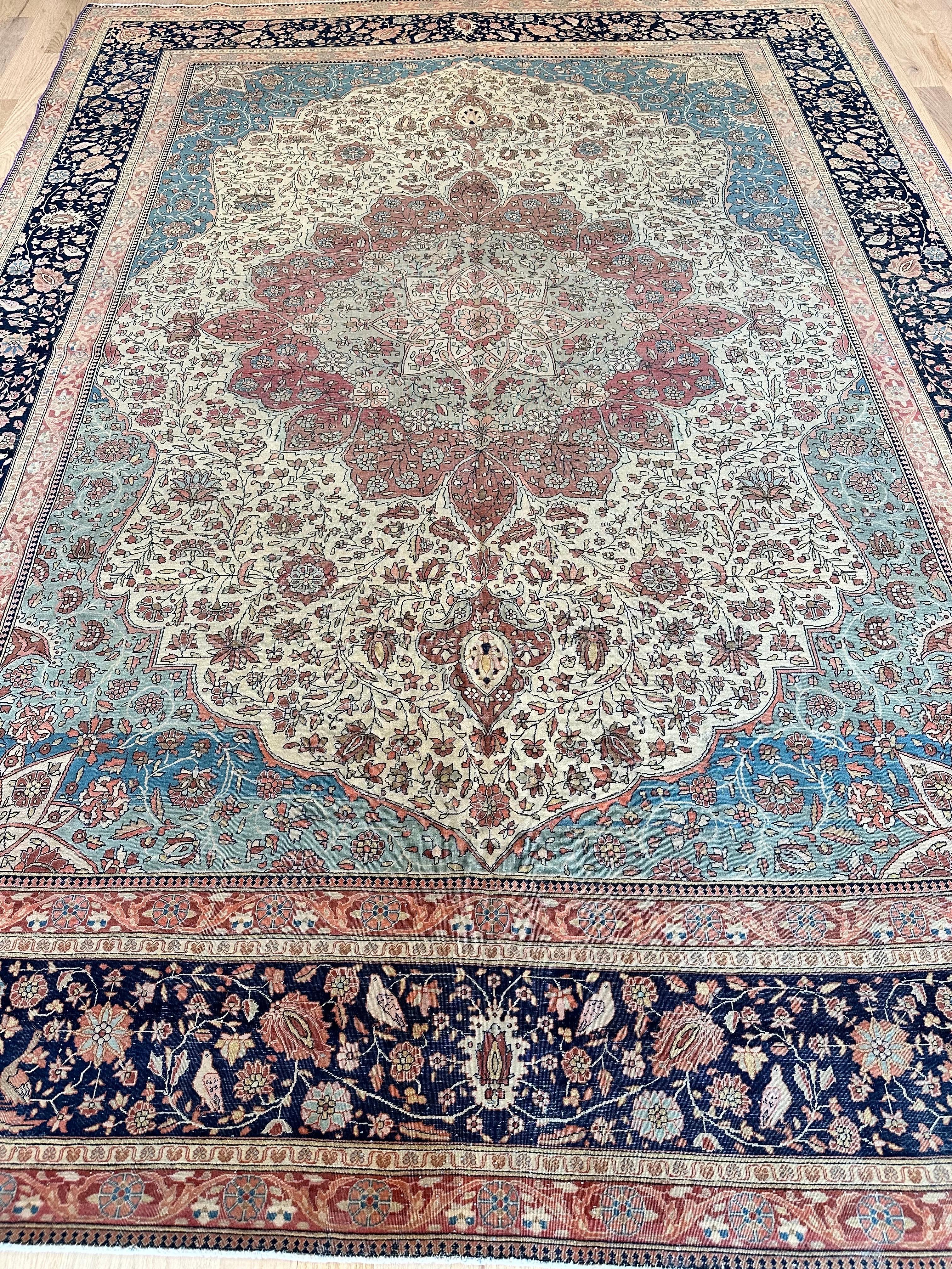 Antique Persian Mohtasham Kashan Carpet, Traditional, Soft, Ivory, Blue, Green For Sale 4