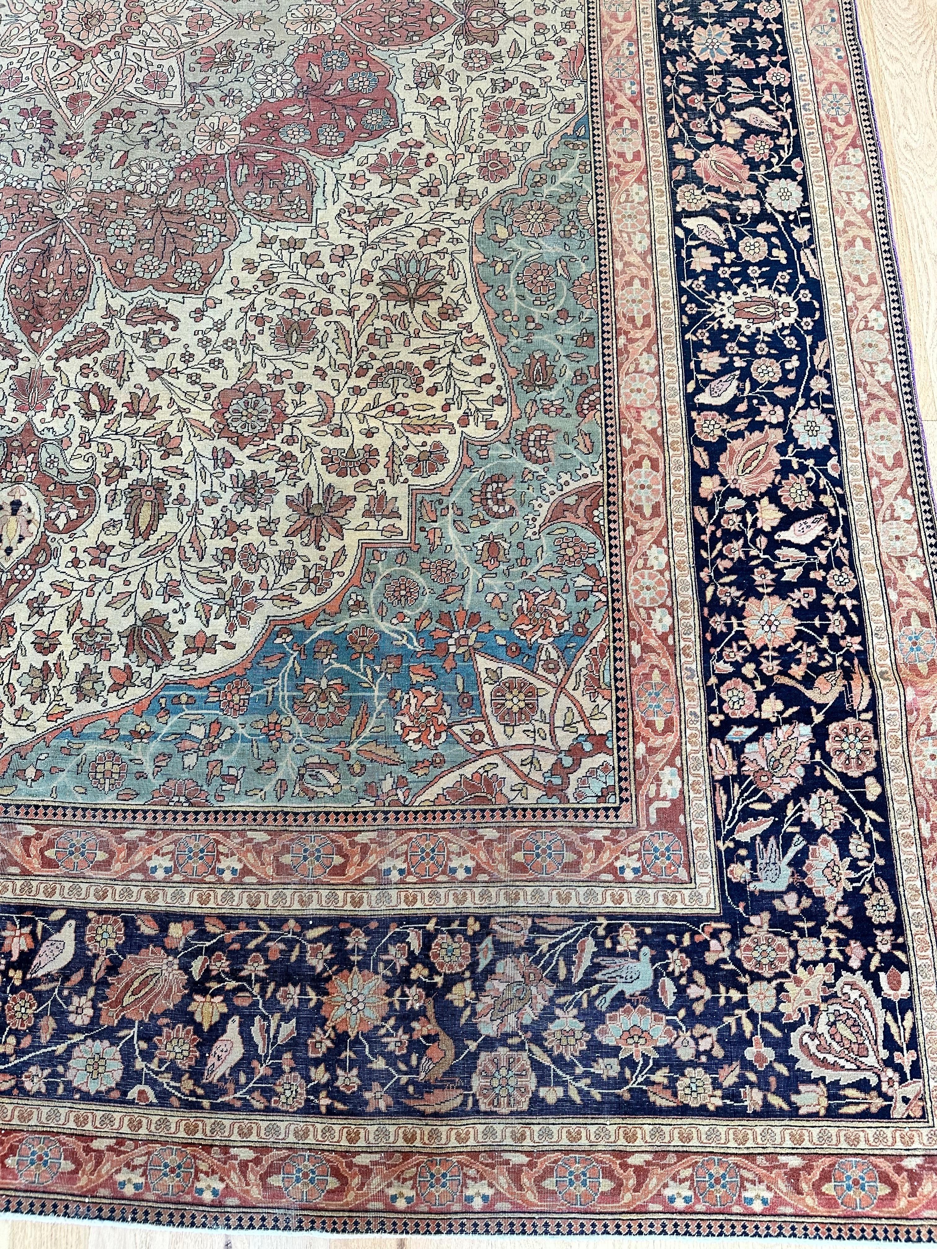 Antique Persian Mohtasham Kashan Carpet, Traditional, Soft, Ivory, Blue, Green For Sale 5