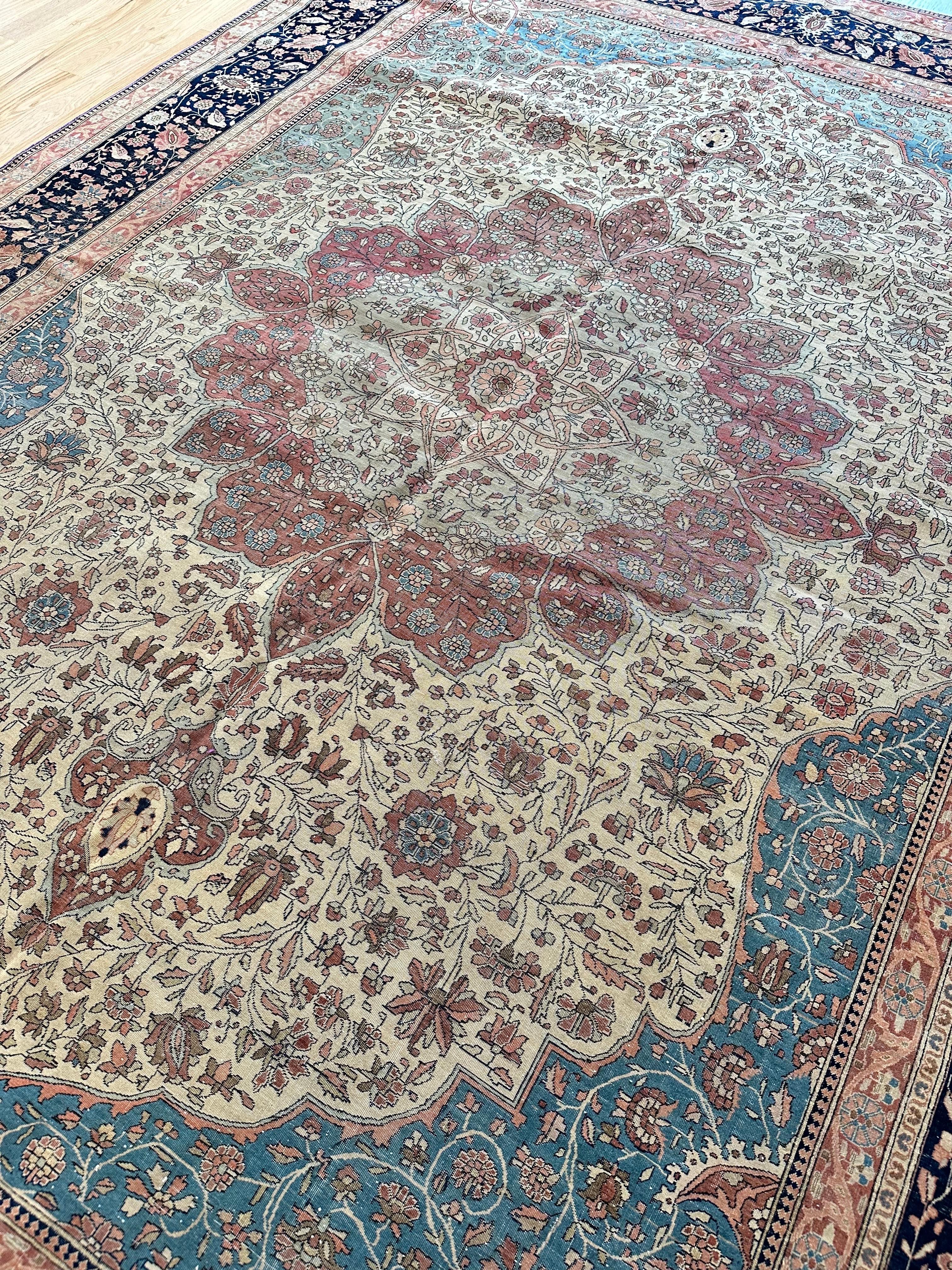 Antique Persian Mohtasham Kashan Carpet, Traditional, Soft, Ivory, Blue, Green For Sale 6