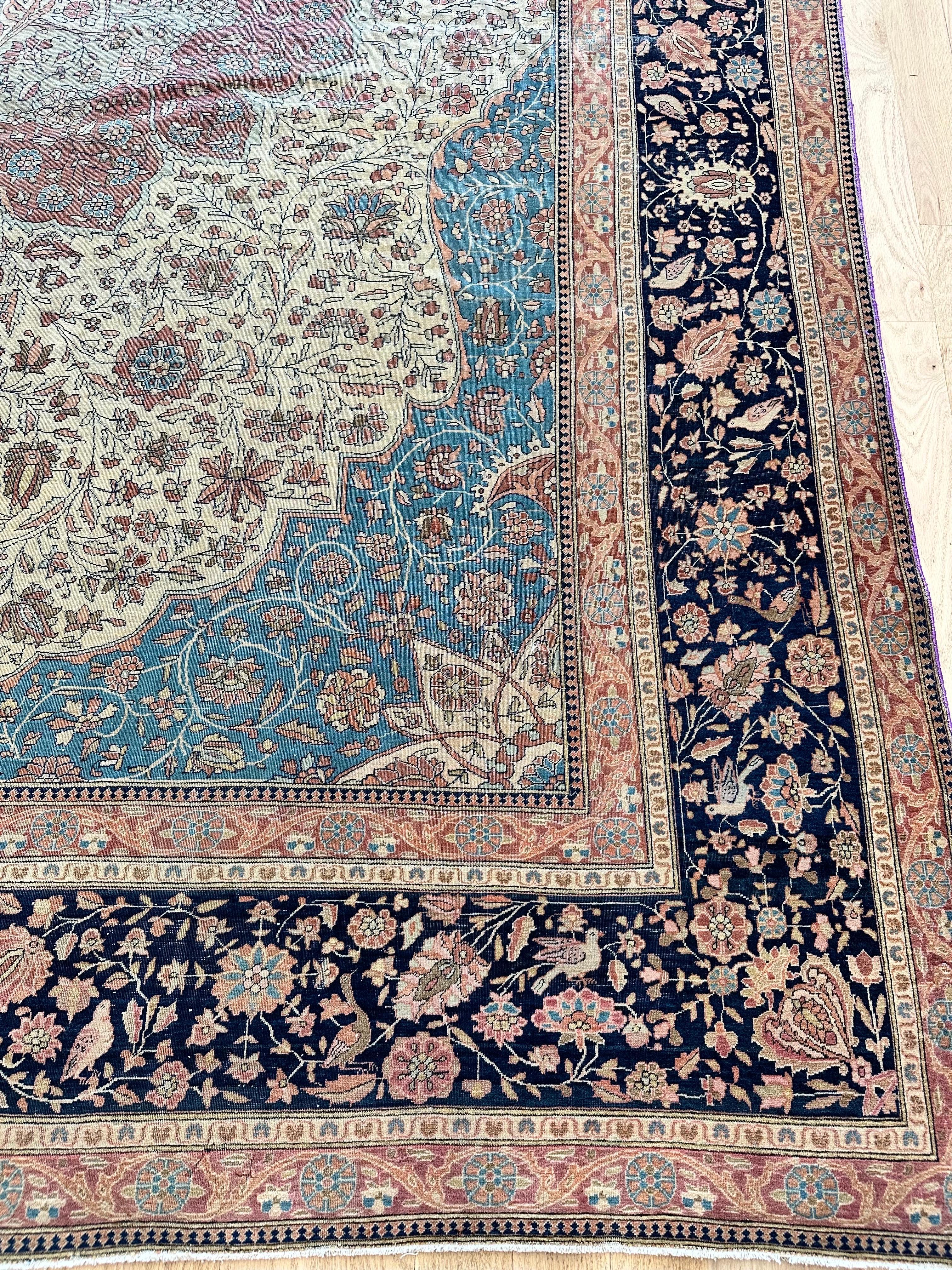 Antique Persian Mohtasham Kashan Carpet, Traditional, Soft, Ivory, Blue, Green For Sale 7