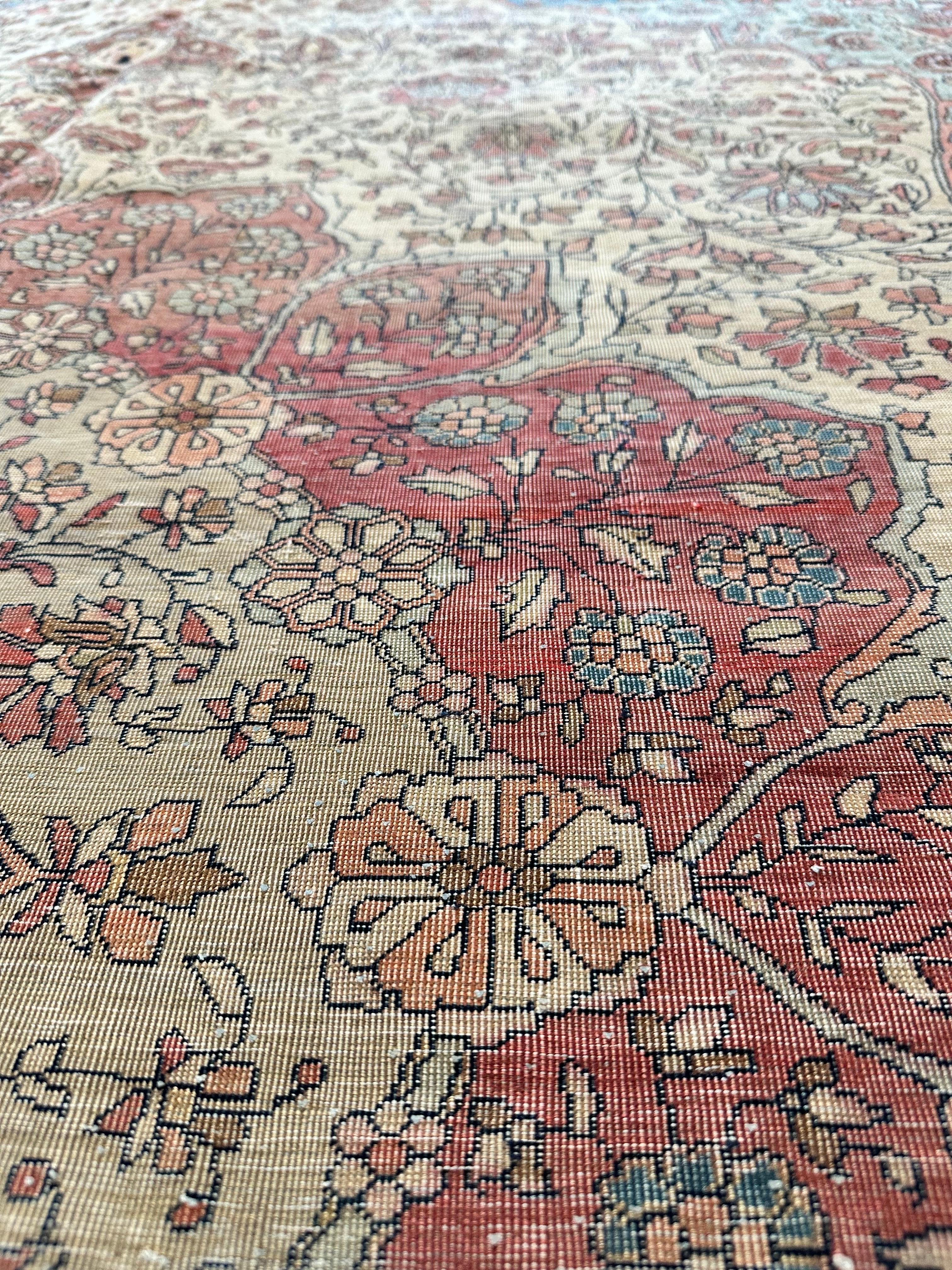 Antique Persian Mohtasham Kashan Carpet, Traditional, Soft, Ivory, Blue, Green For Sale 8
