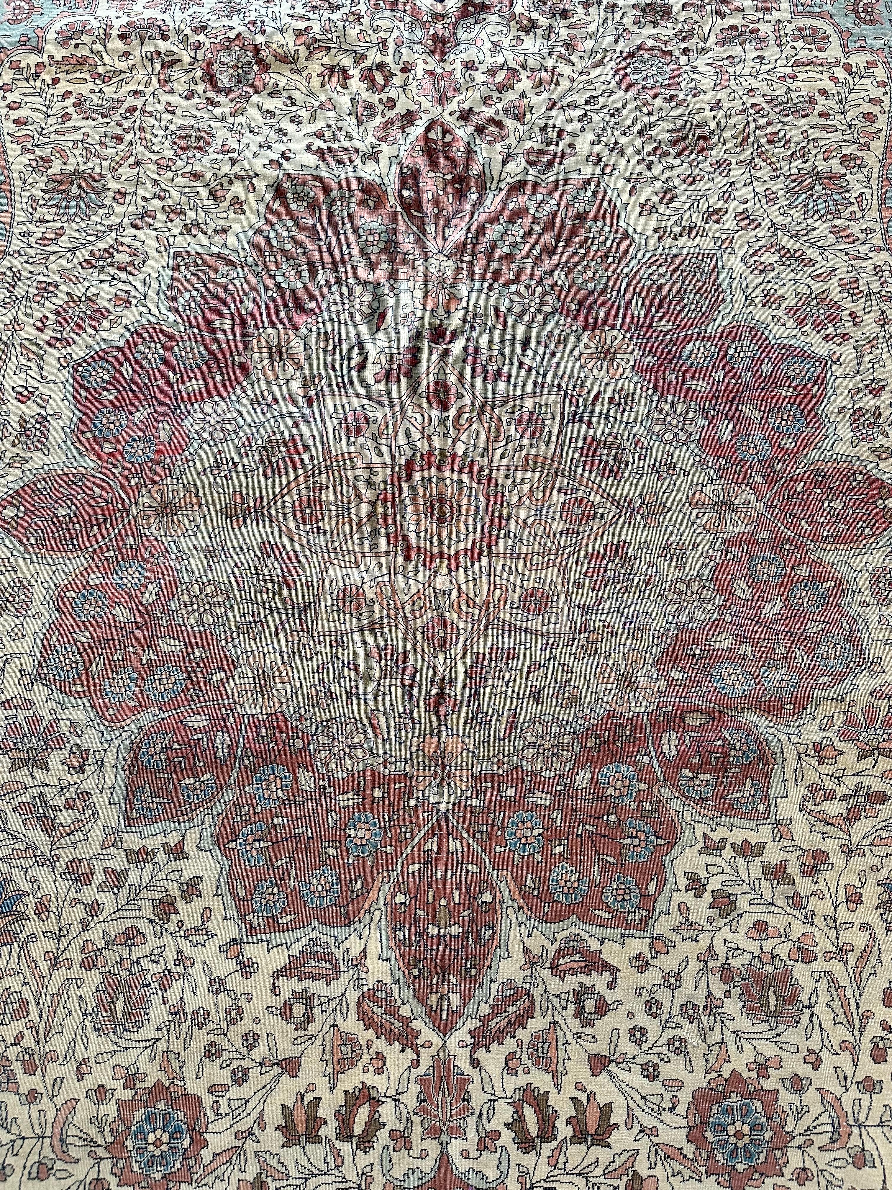 Antique Persian Mohtasham Kashan Carpet, Traditional, Soft, Ivory, Blue, Green For Sale 9