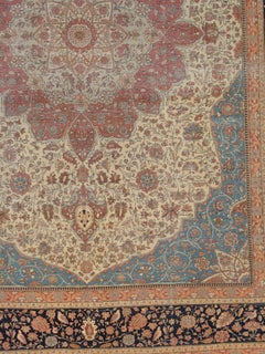 Antique Persian Mohtasham Kashan Carpet, Traditional, Soft, Ivory, Blue, Green