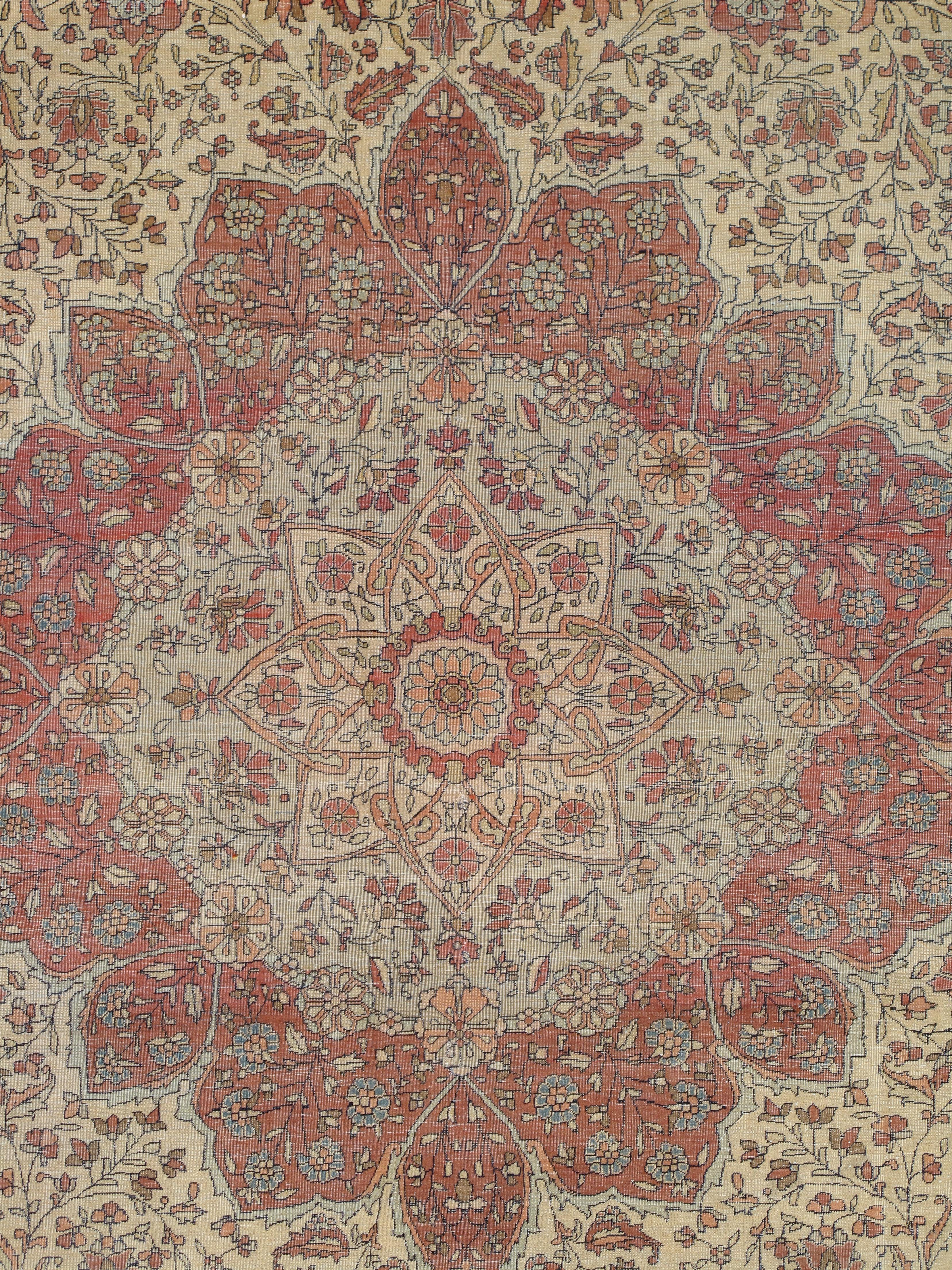 Antique Persian Mohtasham Kashan Carpet, Traditional, Soft, Ivory, Blue, Green In Good Condition For Sale In Port Washington, NY