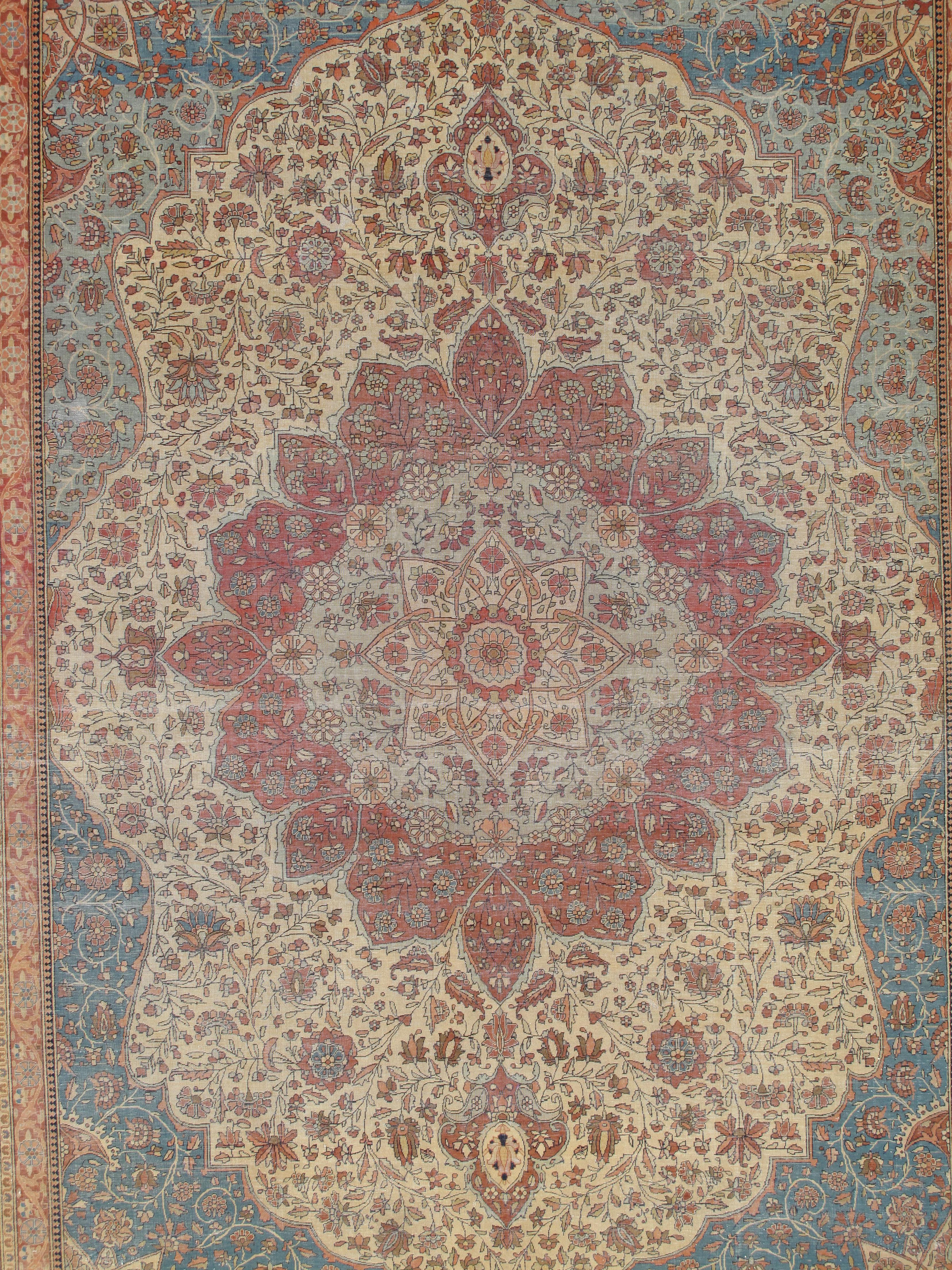 19th Century Antique Persian Mohtasham Kashan Carpet, Traditional, Soft, Ivory, Blue, Green For Sale