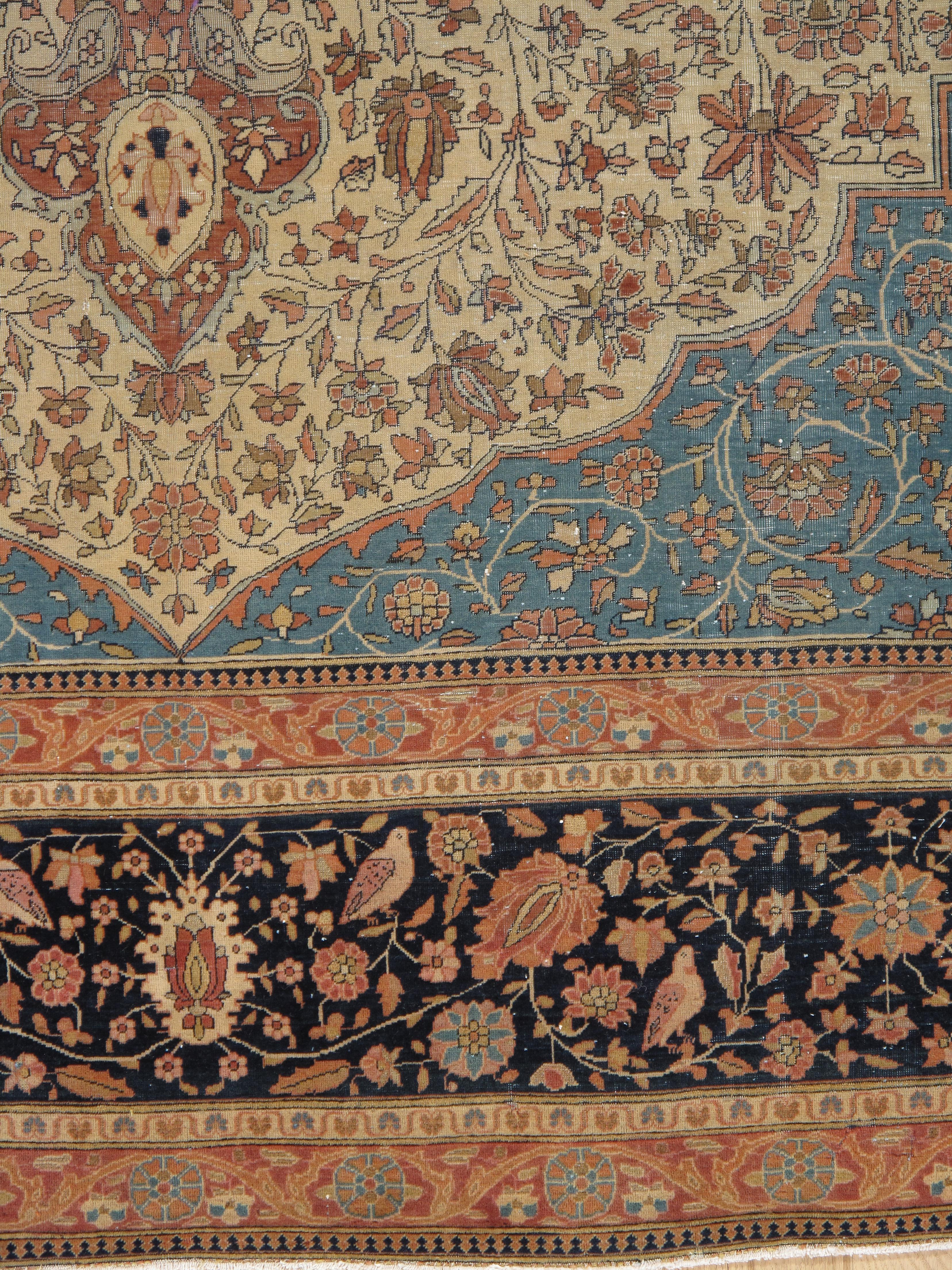 Wool Antique Persian Mohtasham Kashan Carpet, Traditional, Soft, Ivory, Blue, Green For Sale