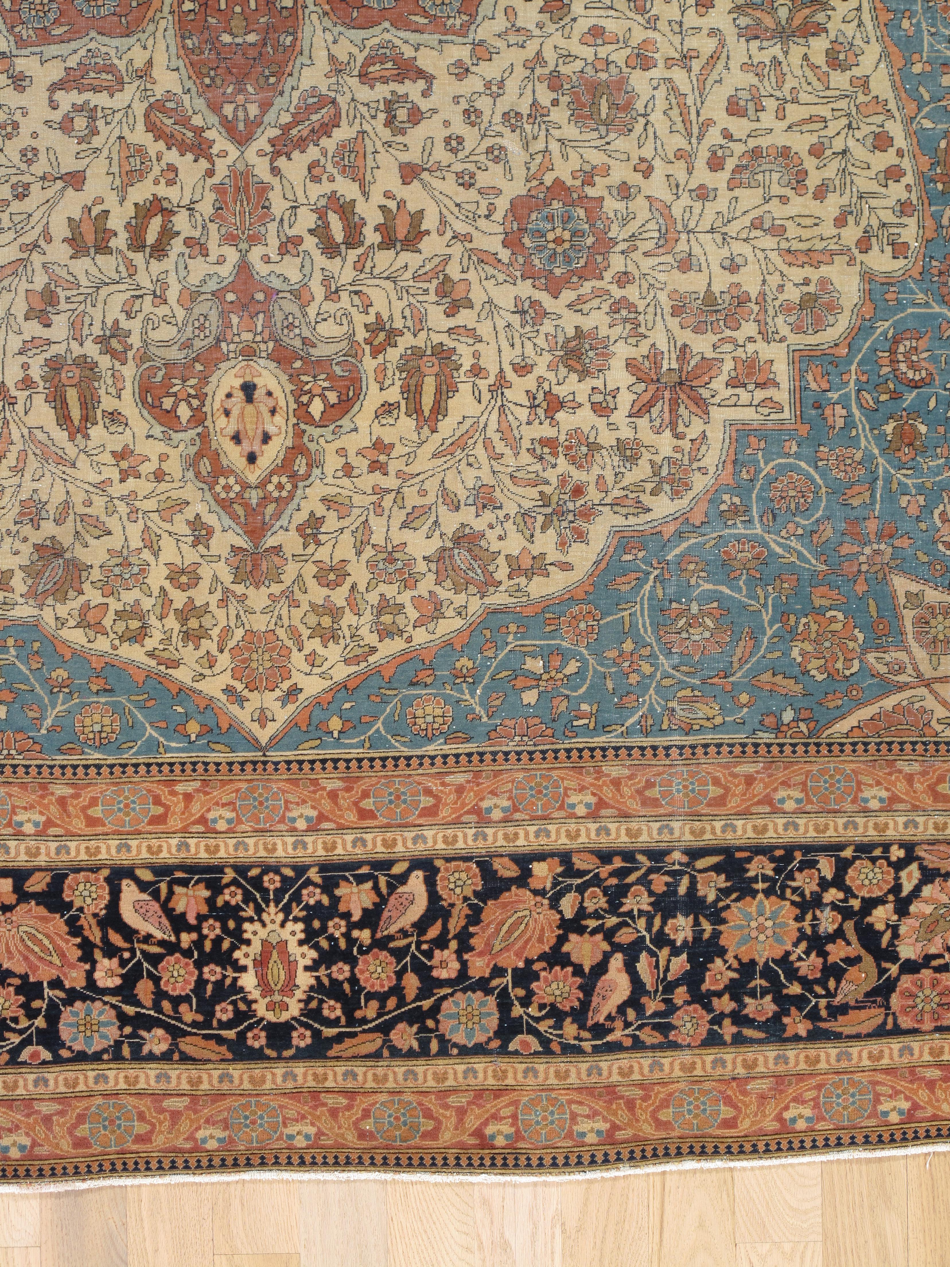Antique Persian Mohtasham Kashan Carpet, Traditional, Soft, Ivory, Blue, Green For Sale 1