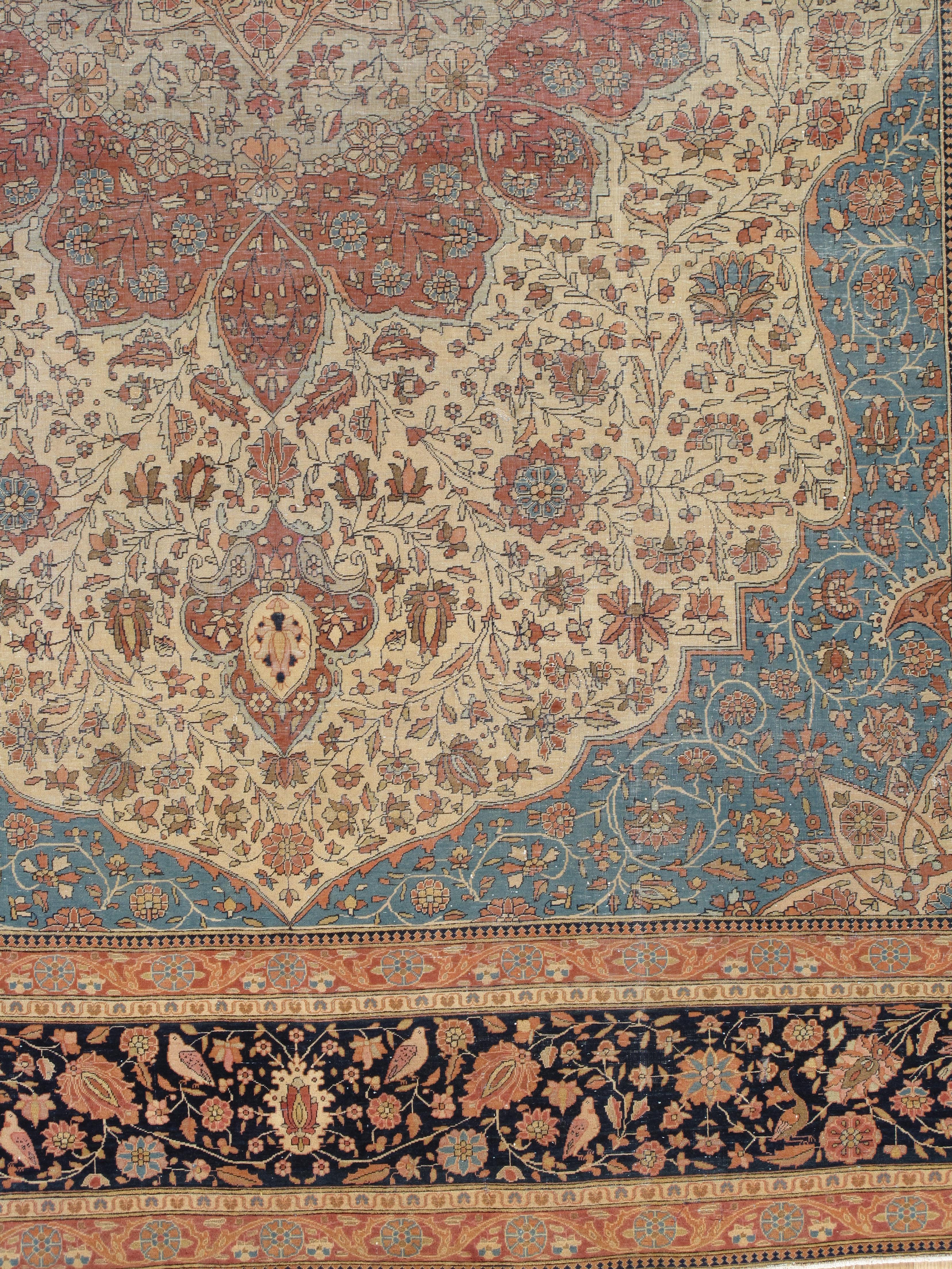 Antique Persian Mohtasham Kashan Carpet, Traditional, Soft, Ivory, Blue, Green For Sale 2