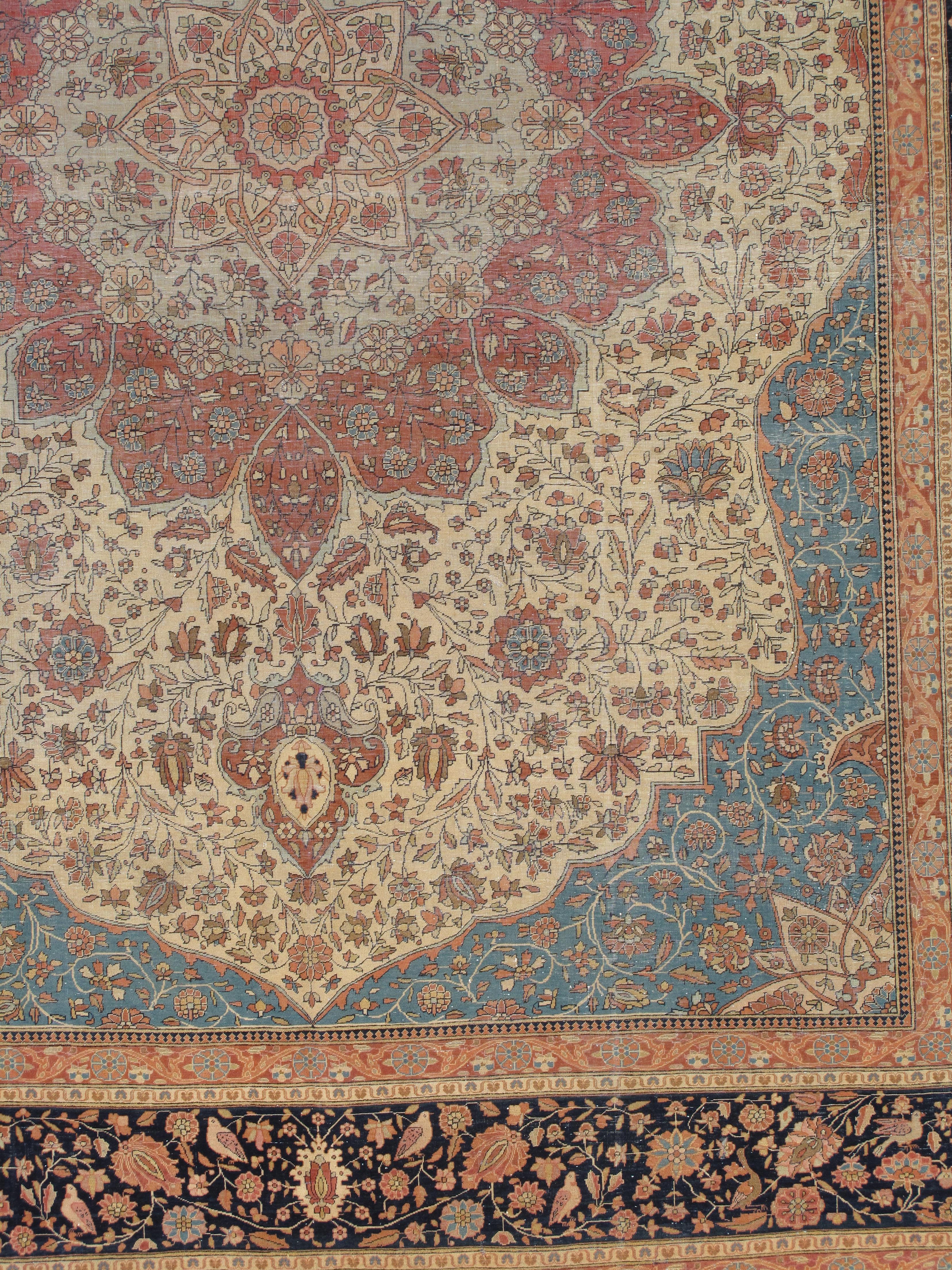 Antique Persian Mohtasham Kashan Carpet, Traditional, Soft, Ivory, Blue, Green For Sale 3