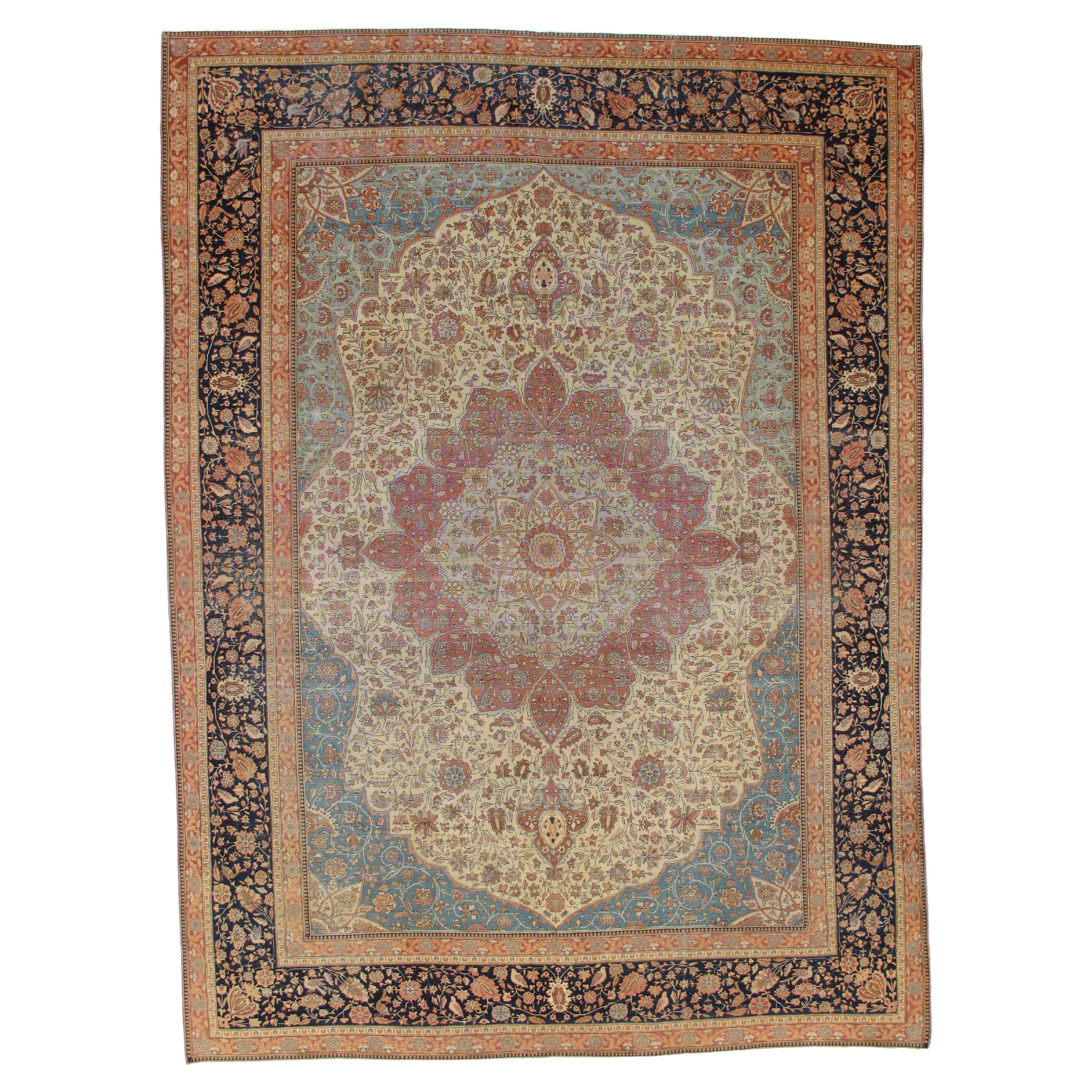 Antique Persian Mohtasham Kashan Carpet, Traditional, Soft, Ivory, Blue, Green For Sale