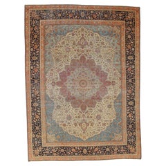 Antique Persian Mohtasham Kashan Carpet, Traditional, Soft, Ivory, Blue, Green