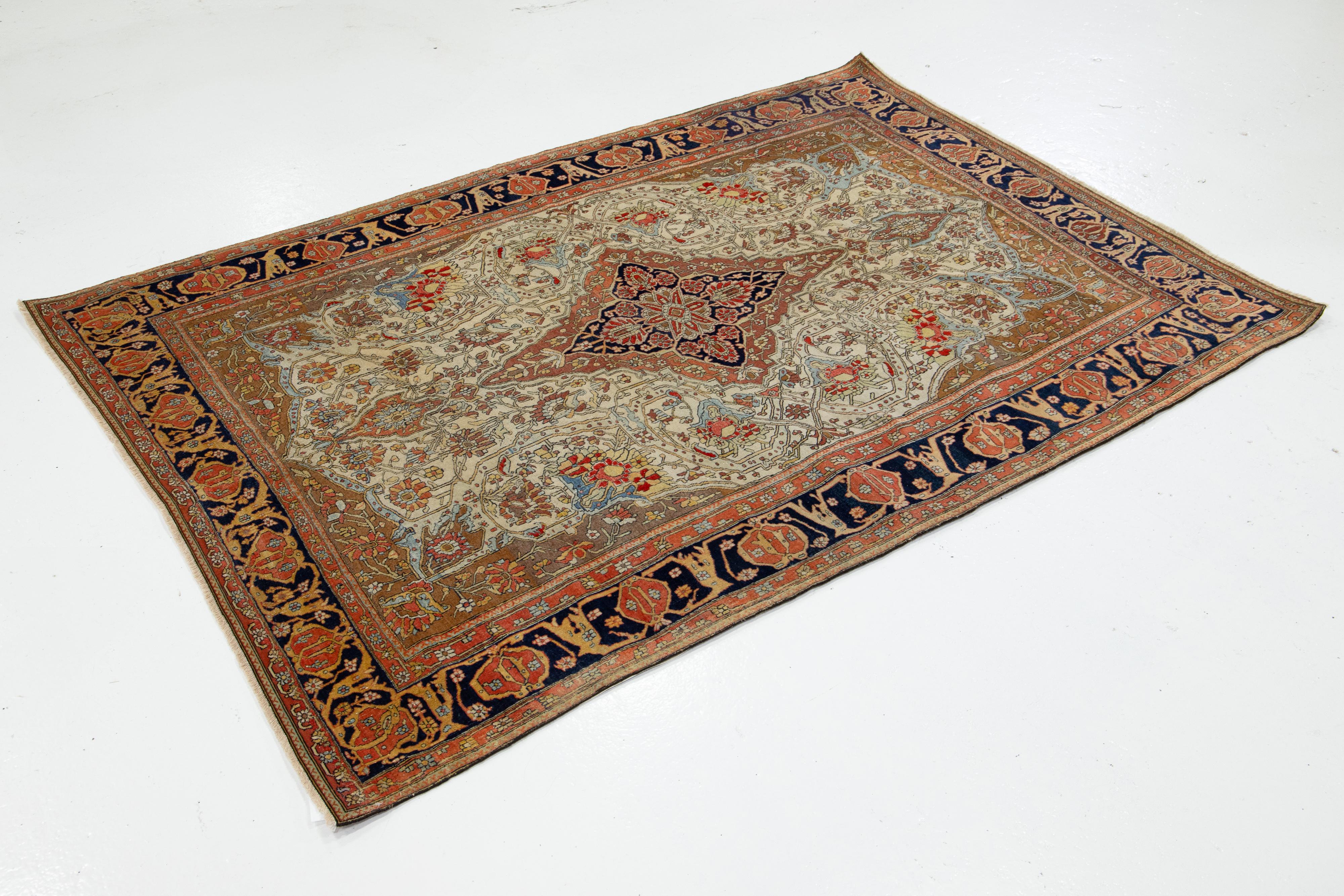 Perse Mohtasham persan ancien  Tapis en laine conçu à la main en beige Kashan en vente