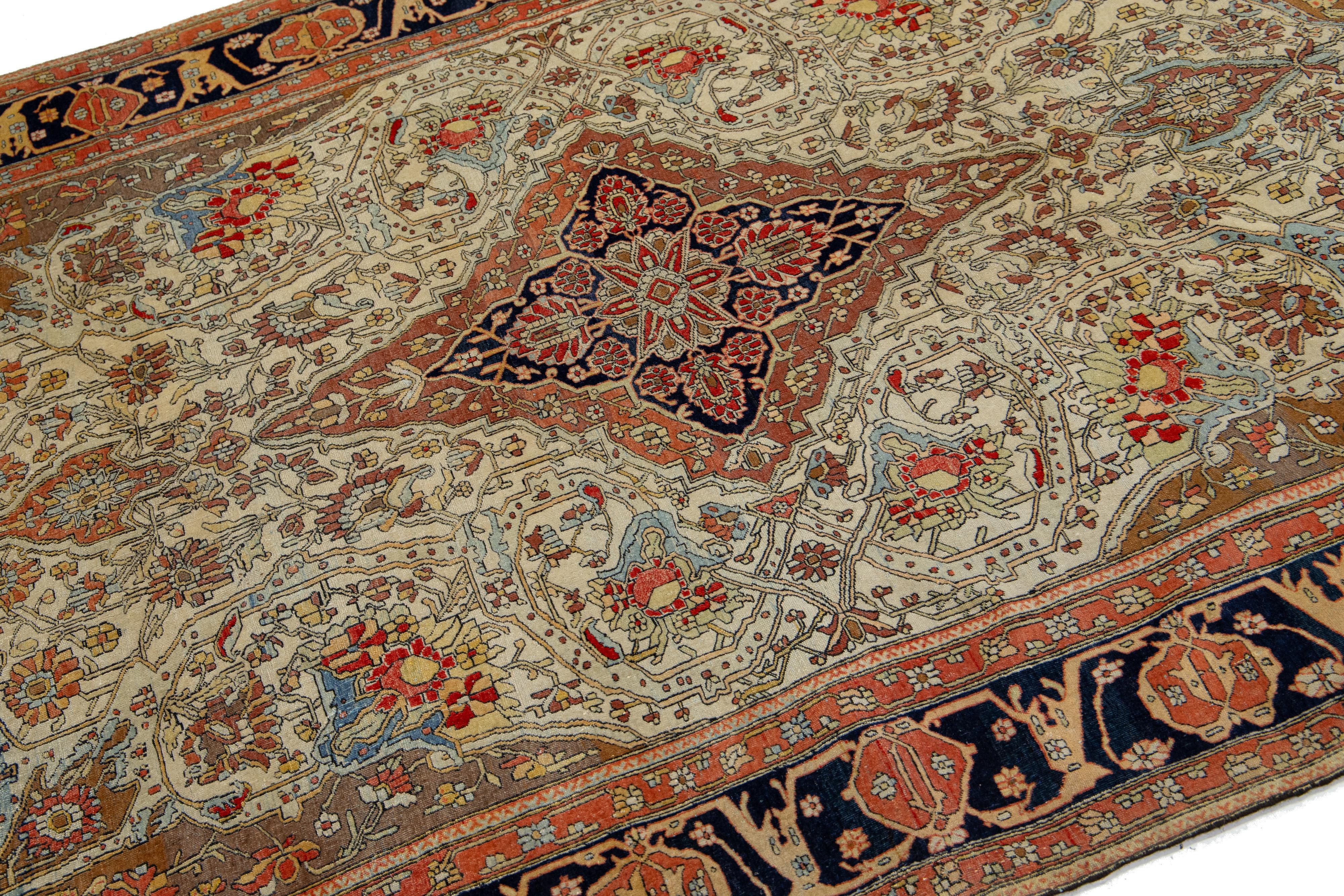 Noué à la main Mohtasham persan ancien  Tapis en laine conçu à la main en beige Kashan en vente