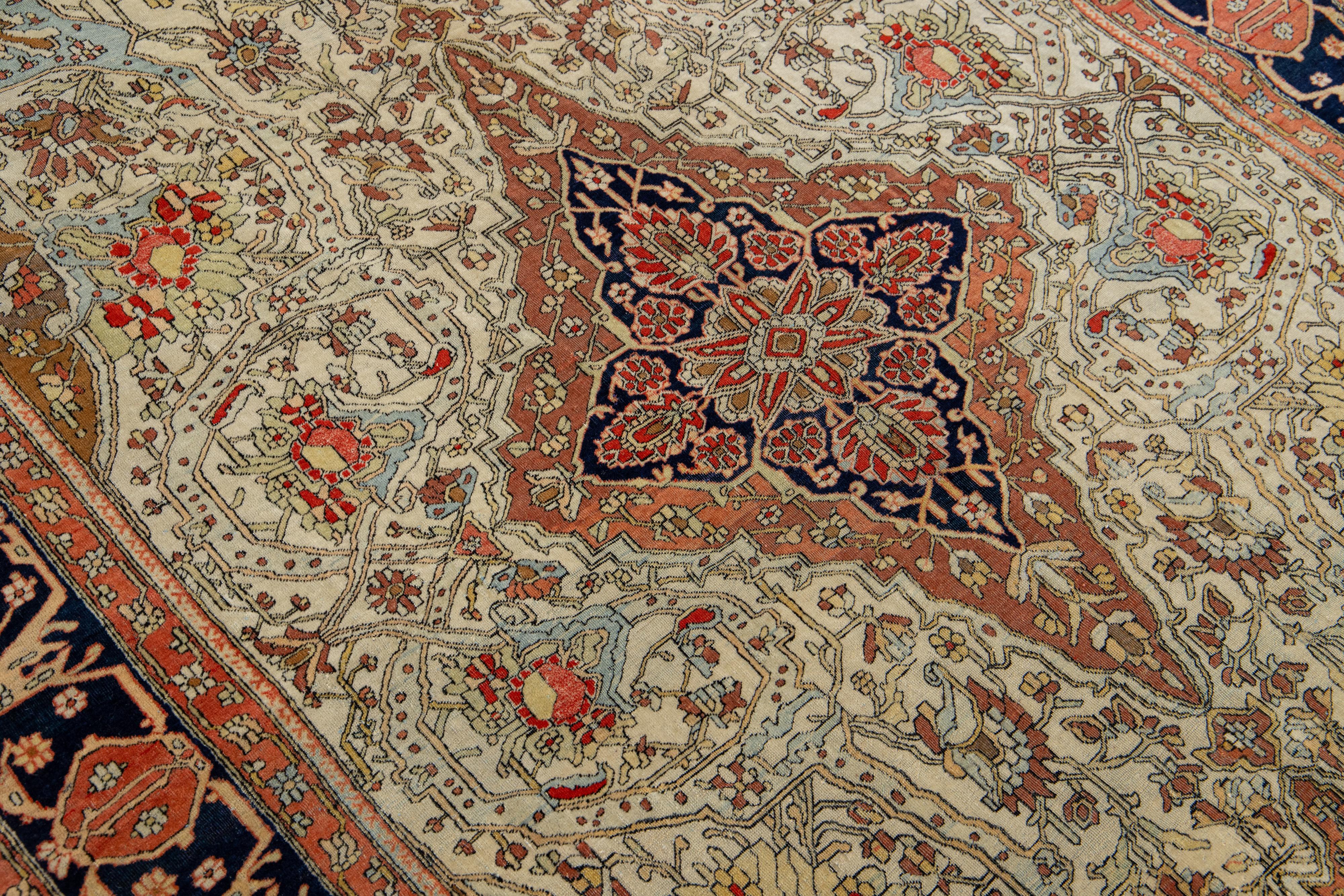 Laine Mohtasham persan ancien  Tapis en laine conçu à la main en beige Kashan en vente