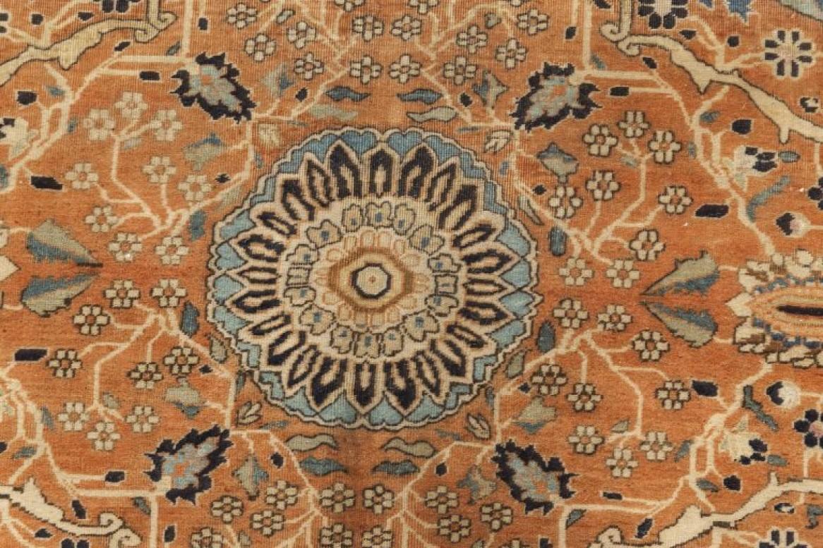 Antique Persian Mohtashem Kashan orange, black and light blue wool rug
Size: 8'4