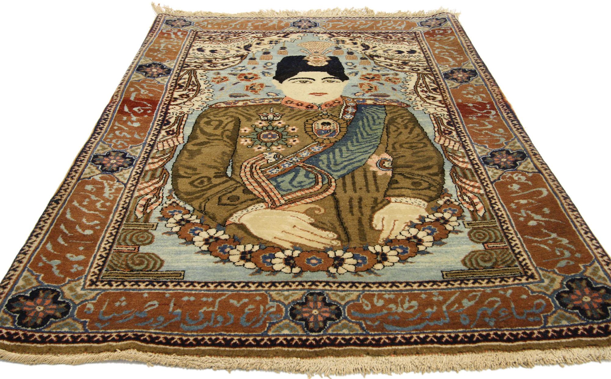 77162 Antique Persian Mohtasham Kashan Pictorial Rug, 02'00 x 03'00. 
Signed by the esteemed master weaver, Mohtasham Kashan, behold this exquisite hand-knotted wool antique Kashan pictorial rug. A true masterpiece, it proudly showcases the regal