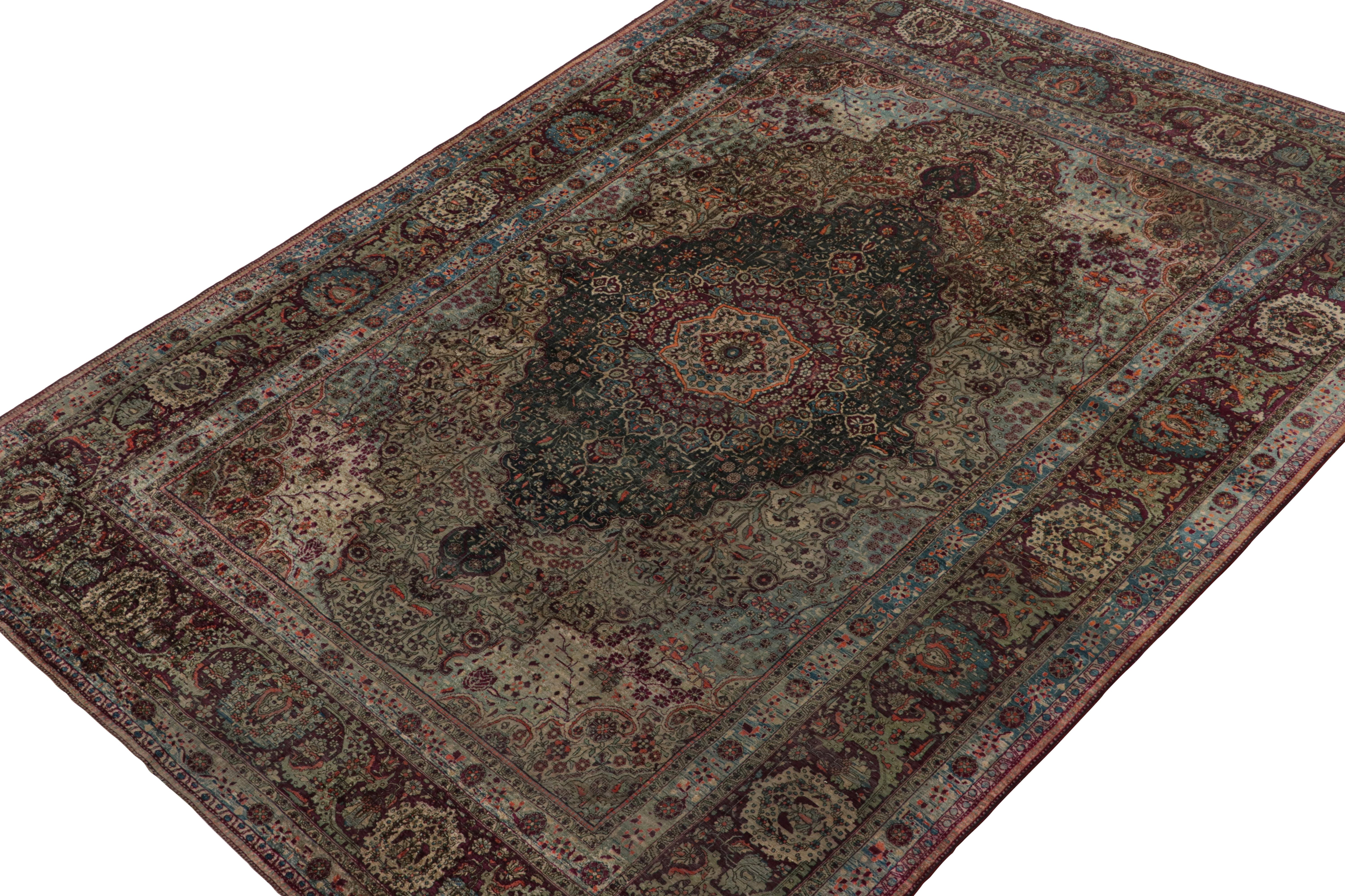 This 8x11 rug is believed to be a rare antique Persian rug of Mohtashem Kashan provenance—hand-knotted in fine silk circa 1880-1890. 

On the Design: 

This piece enjoys a dense all over floral pattern in concentric medallions and intricate