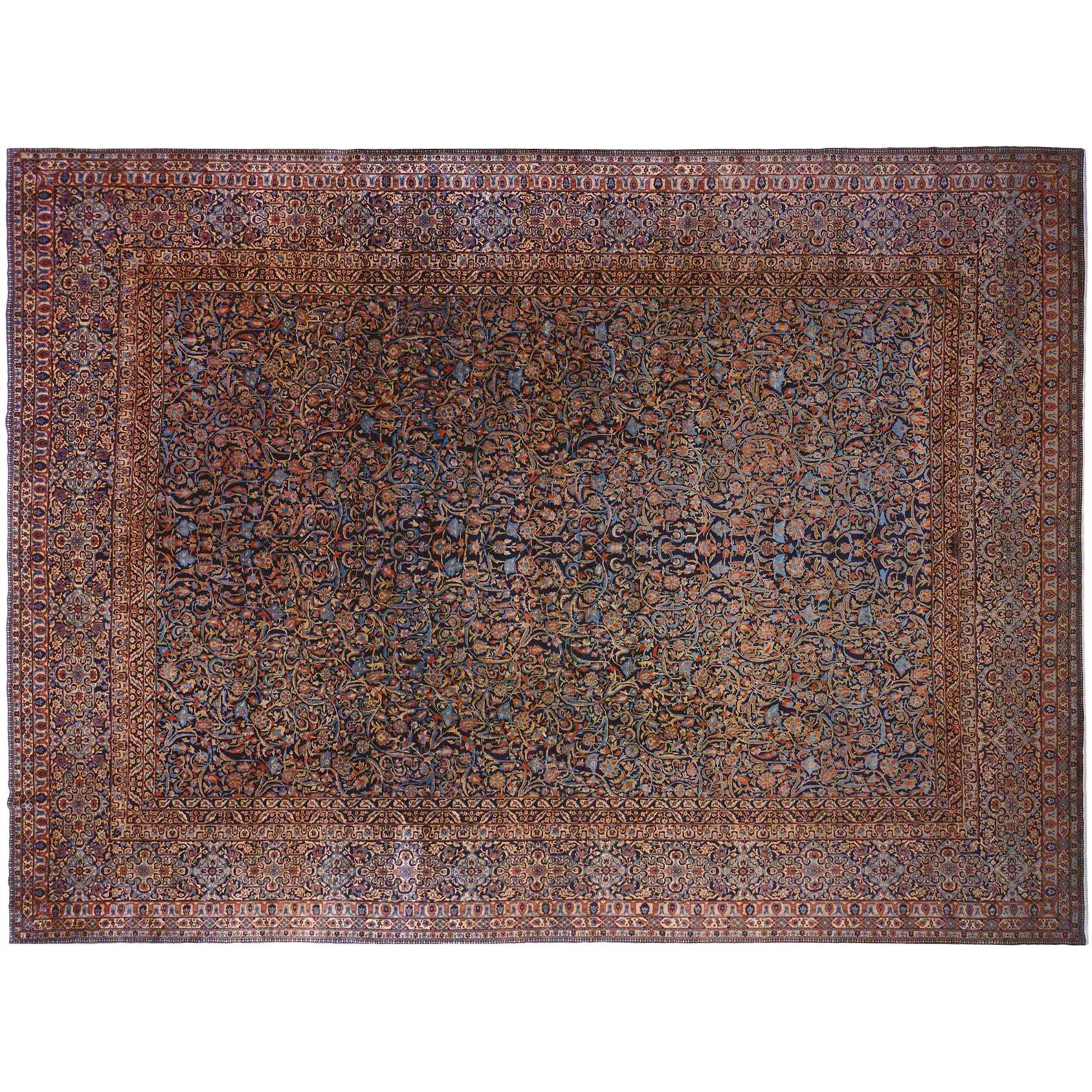 Antiker persischer Mohtesham Kashan Orientteppich, großformatig, mit Webstempel im Angebot