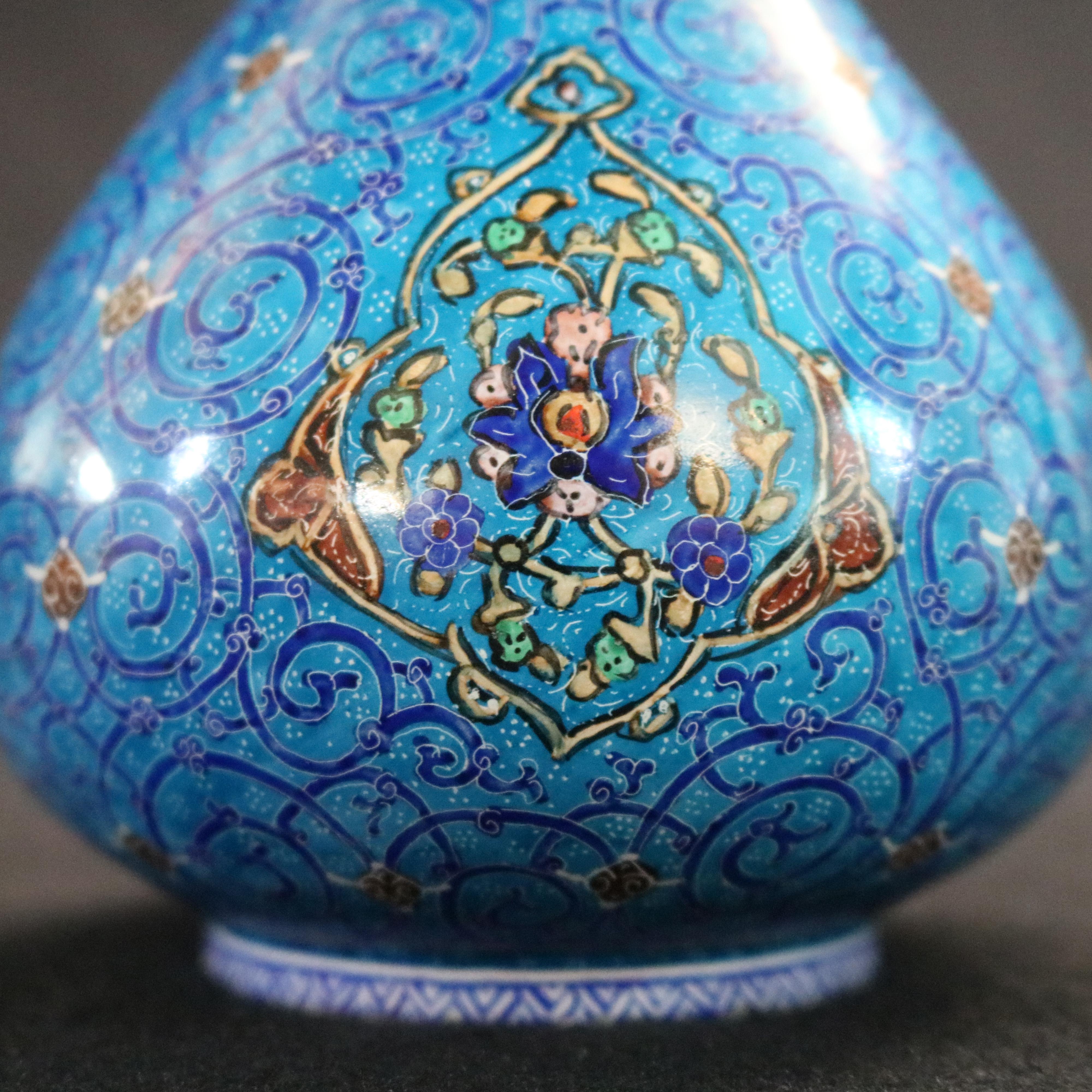 Asian Persian Moorish Hand Enameled Metal Vase, Artist Signed in Farci, circa 1920