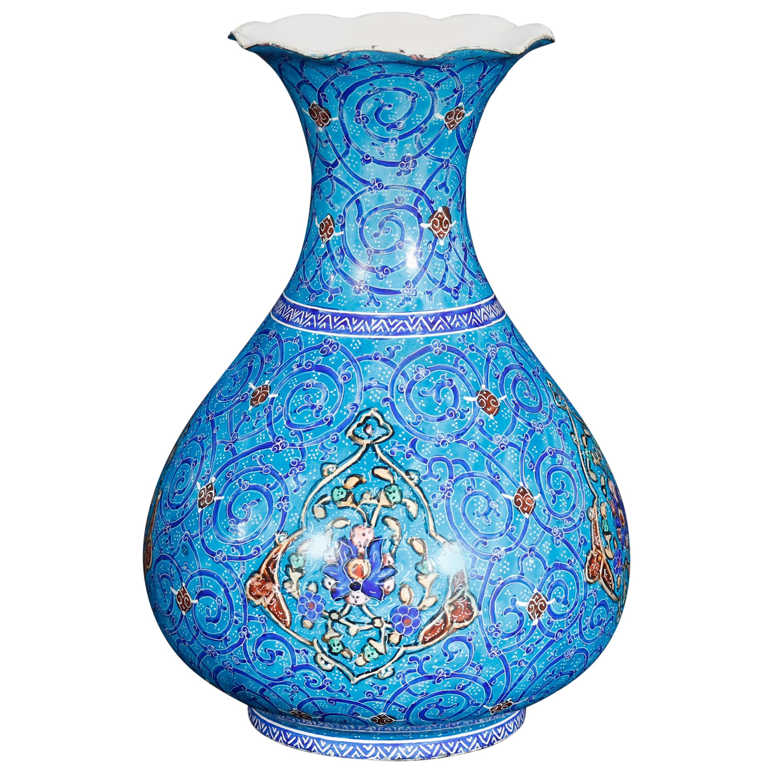 Persian Moorish Hand Enameled Metal Vase, Artist Signed in Farci, circa 1920