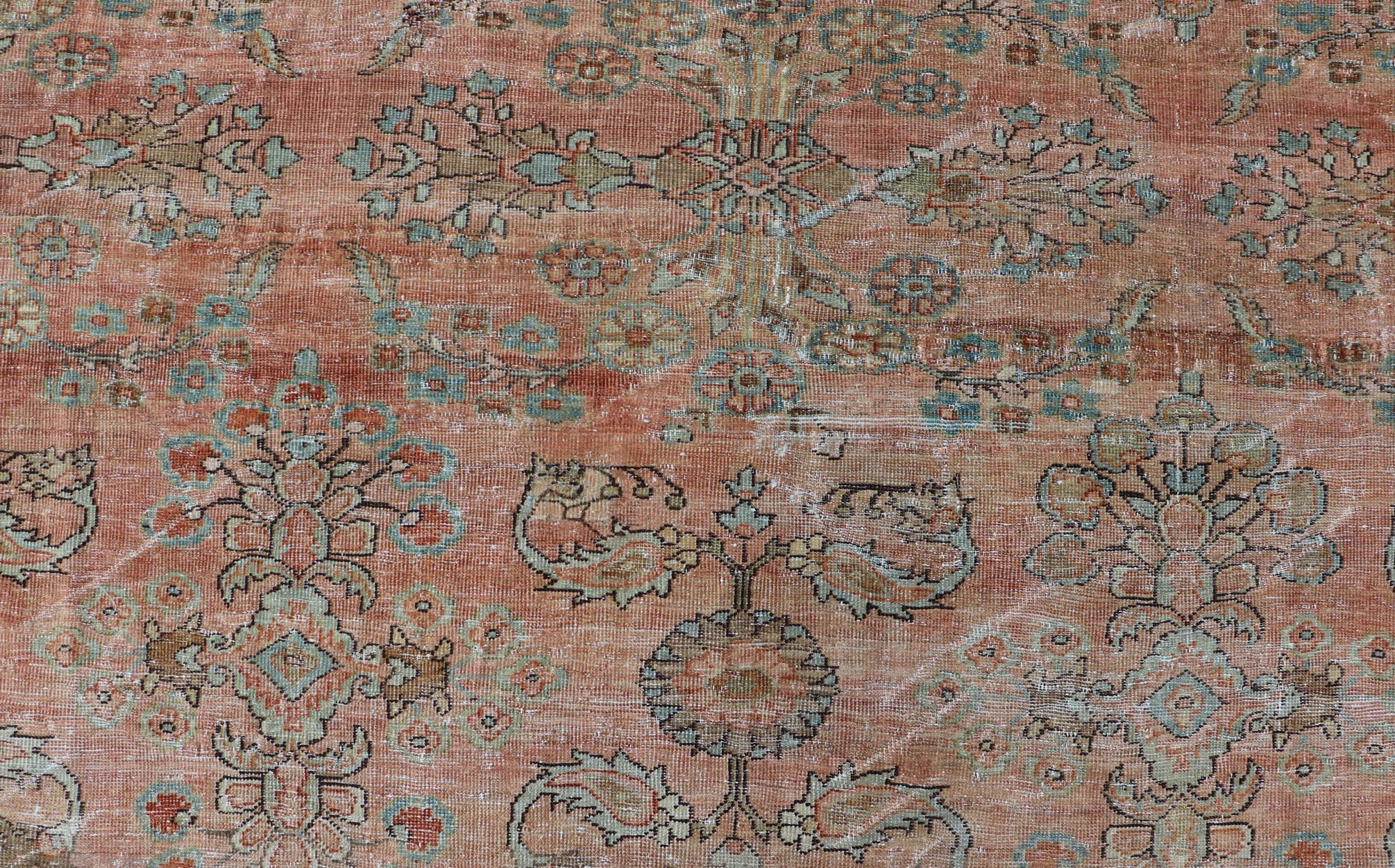 Hand-Knotted Antique Persian Muted Colored Sultanabad Mahal Rug with All Over Floral Design For Sale
