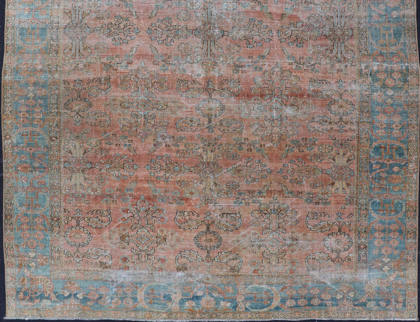 Wool Antique Persian Muted Colored Sultanabad Mahal Rug with All Over Floral Design For Sale