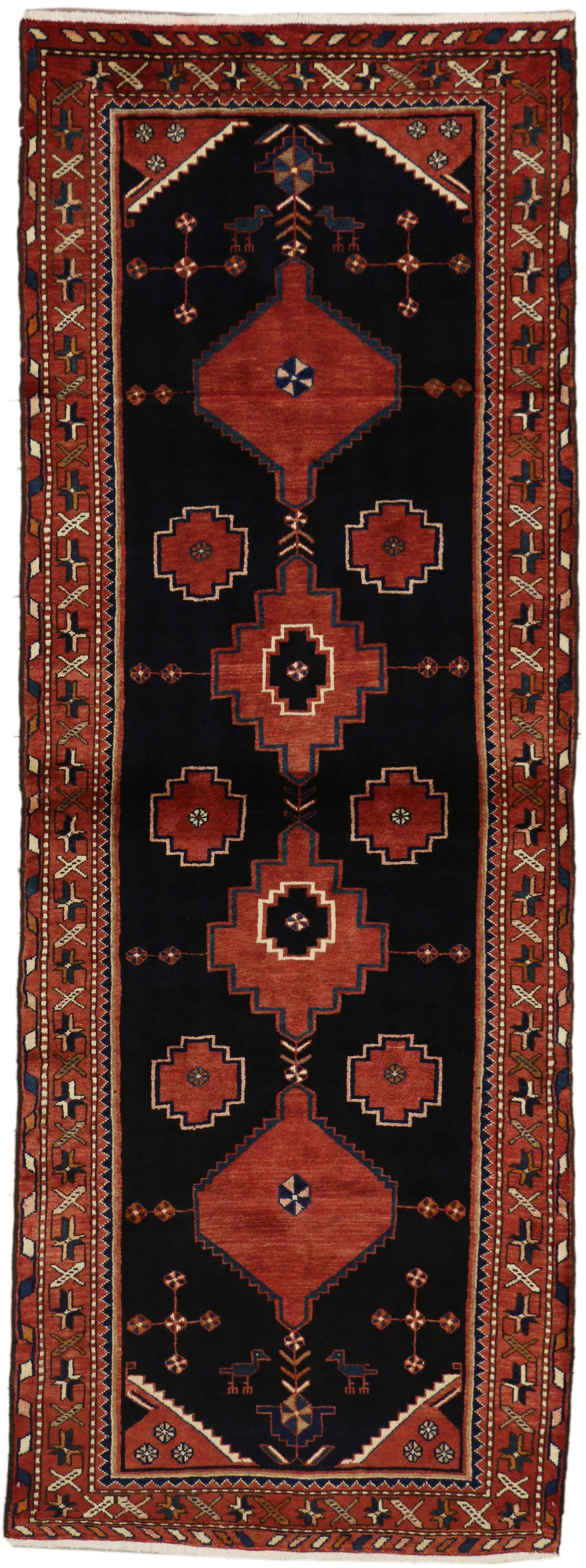 75359 Antique Persian Nahavand Hamadan Runner with Modern Tribal Style. Cleverly composed and well balanced, this antique Persian Nahavand Hamadan runner with modern tribal style showcases a charismatic tribal design rendered in saturated colors of