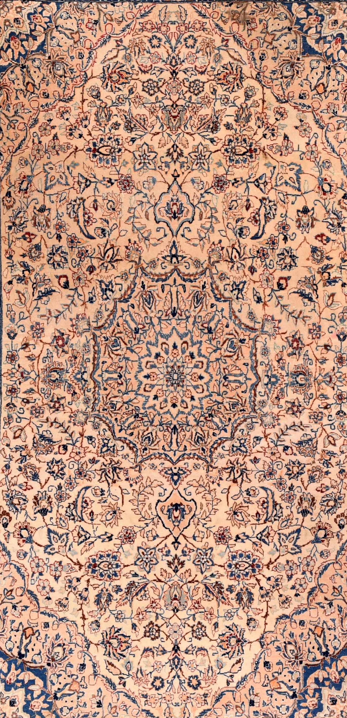 Nain rugs are constructed using the Persian knot and typically have between 300 and 700 knots per square inch. The pile is usually very high quality wool, clipped short, and silk is often used as highlighting for detail in the design.
Close to the