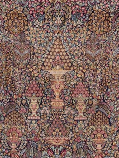 Antique Persian Gold Navy Blue Ivory Floral Millefleur Kirman Rug