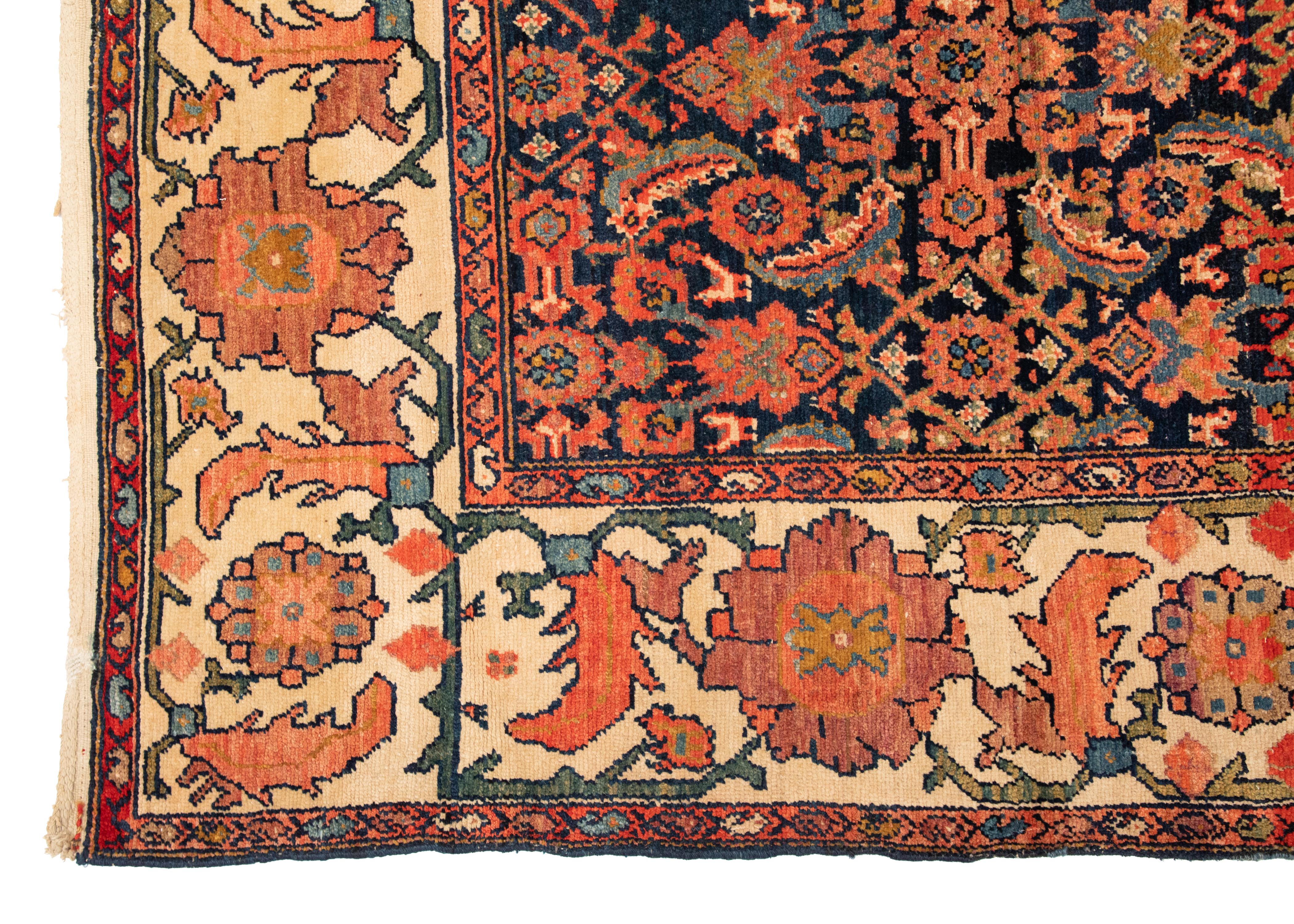 Antique Bakhtiari rugs were woven in Zagros Mountains of Iran, and mainly woven by villagers and nomads of the area. The pattern of Bakhtiari rugs is mainly geometric, sometimes semi-geometric, and seldom curvilinear. The designs tend to be very