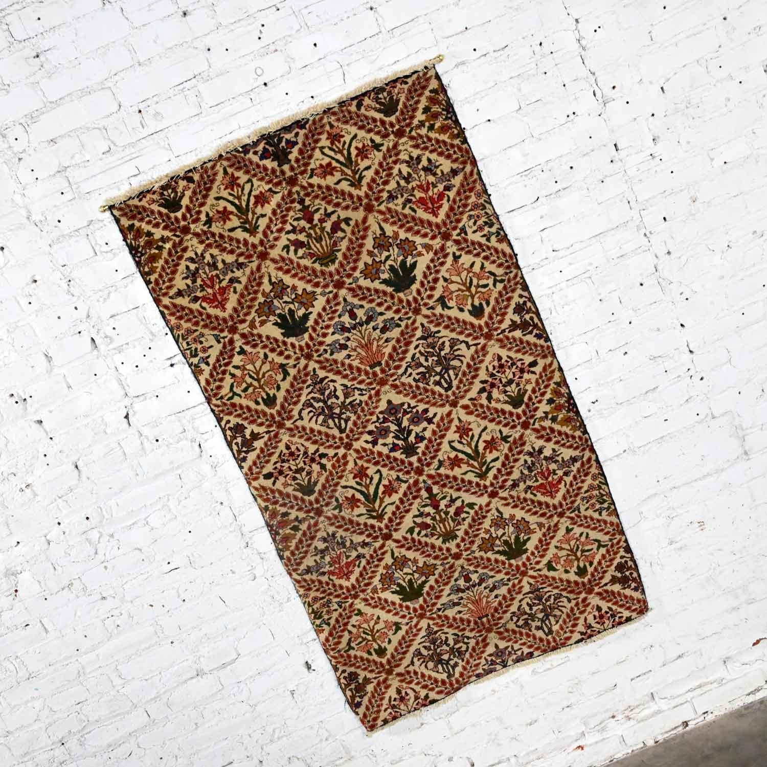 Tribal Antique Persian Oriental Hand Woven Wool & Cotton Leaf & Floral Rug Wall Hanging For Sale