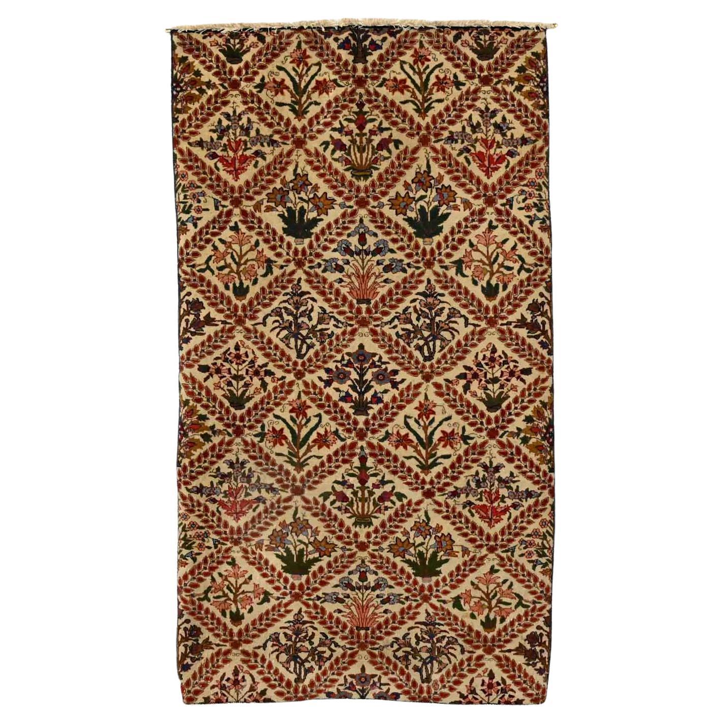 Gorgeous Antique Persian Oriental hand woven wool on cotton diamond leaf pattern & floral rug wall hanging. This wall hanging is a smaller piece cut from a larger rug and the edges have been bound. Beautiful condition, keeping in mind that this is