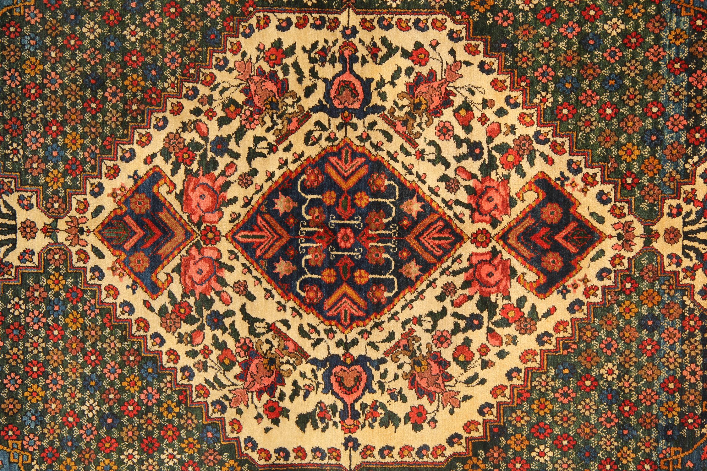 Hand-Knotted Antique Persian Oriental Rug Green Bakhtiyar Carpet, Handmade Carpet Sale CHR3 For Sale