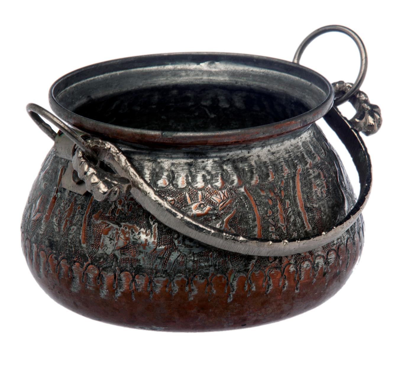 Persian tinned copped caldron with hand made handle. Heavily hand tooled with intricate etched pattern.