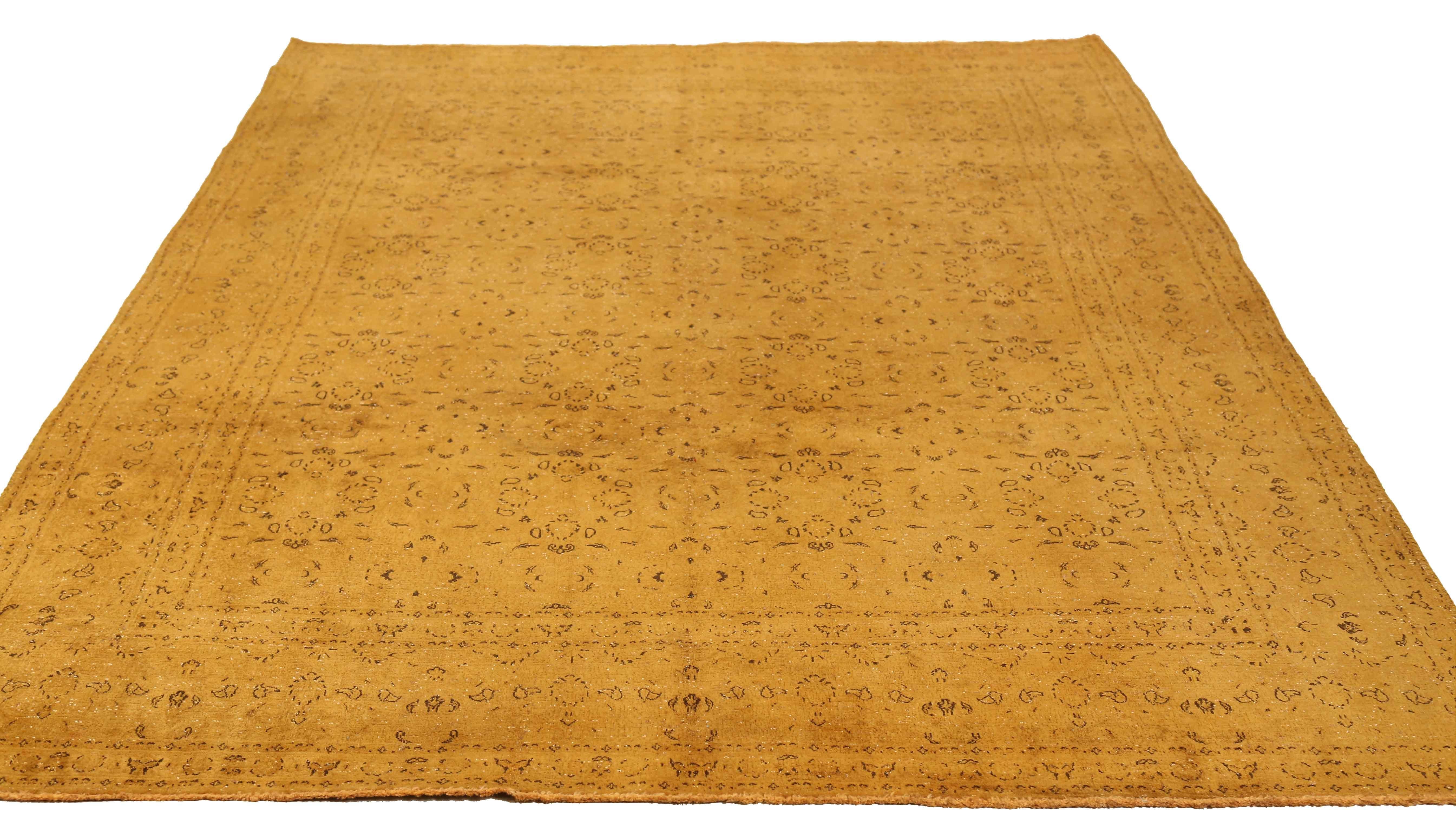 Antique handmade Persian area rug from high quality sheep’s wool and colored with eco-friendly vegetable dyes that are proven safe for humans and pets alike. It’s an antique rug overdyed with a bold color to make it appear distressed and washed out