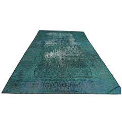 Antique Persian Distressed Overdye Wool 10x14 Teal & Ivory Handmade Area Rug