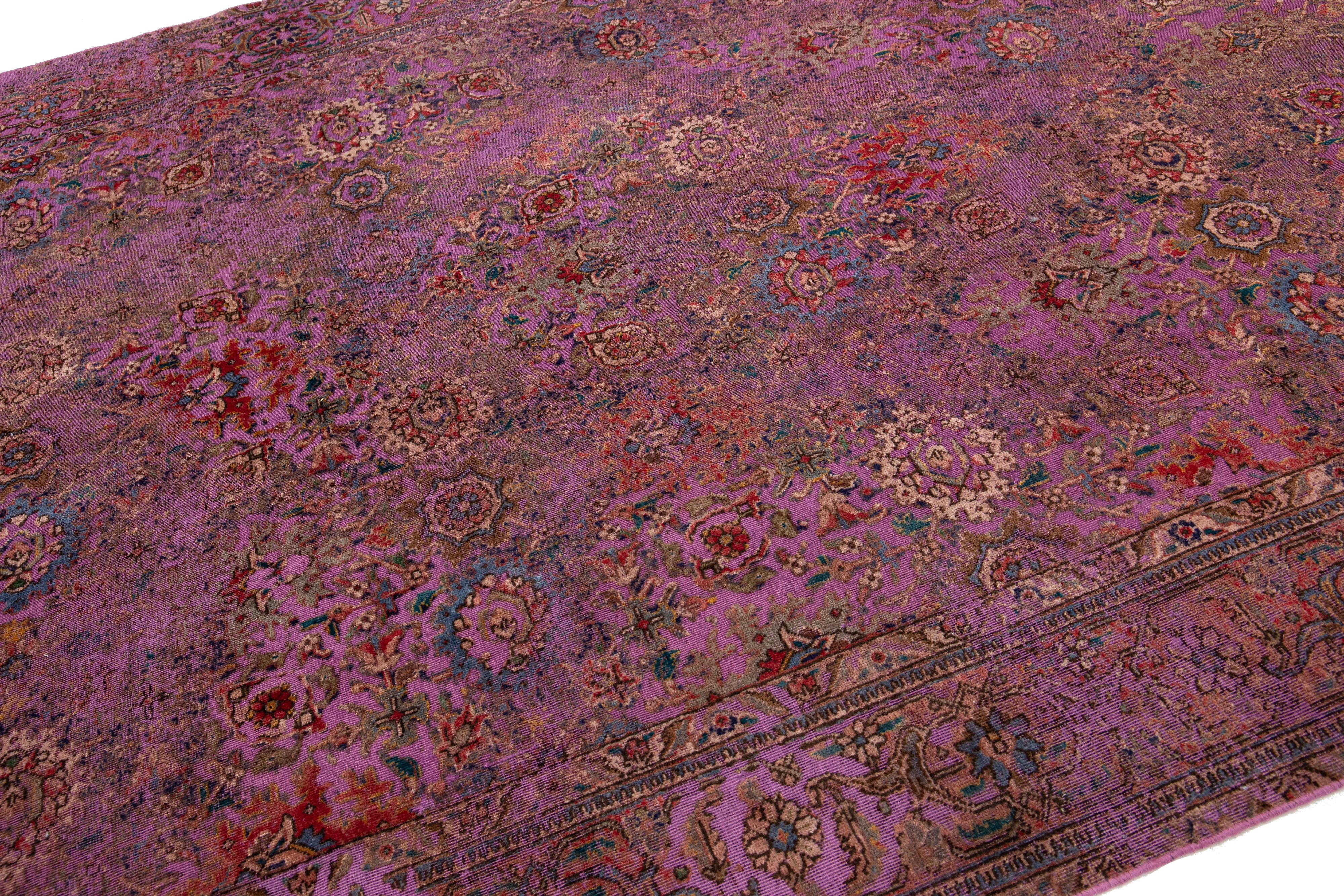 Antique Persian Overdyed Wool Rug With Floral Pattern In Purple For Sale 4