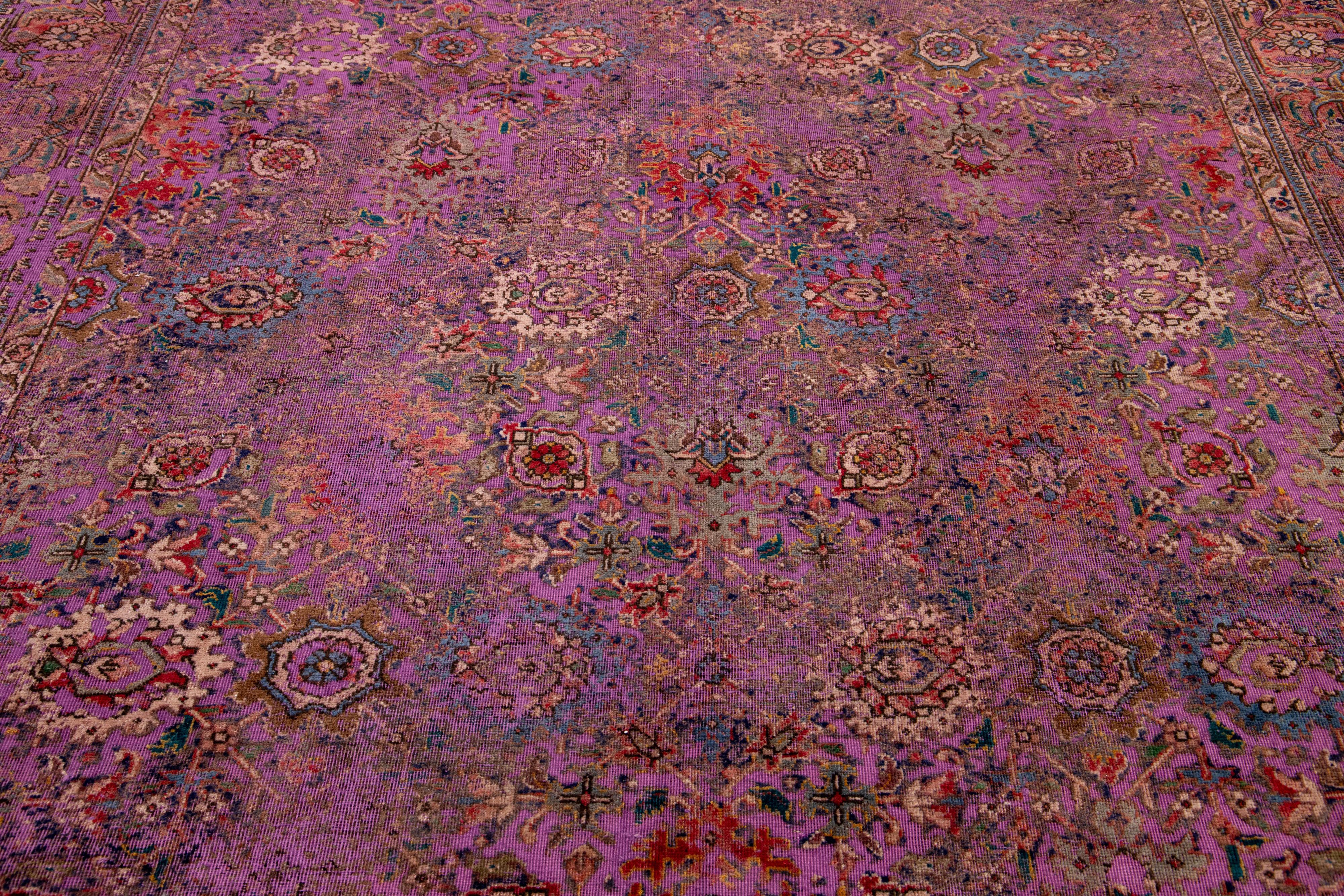 Antique Persian Overdyed Wool Rug With Floral Pattern In Purple For Sale 1