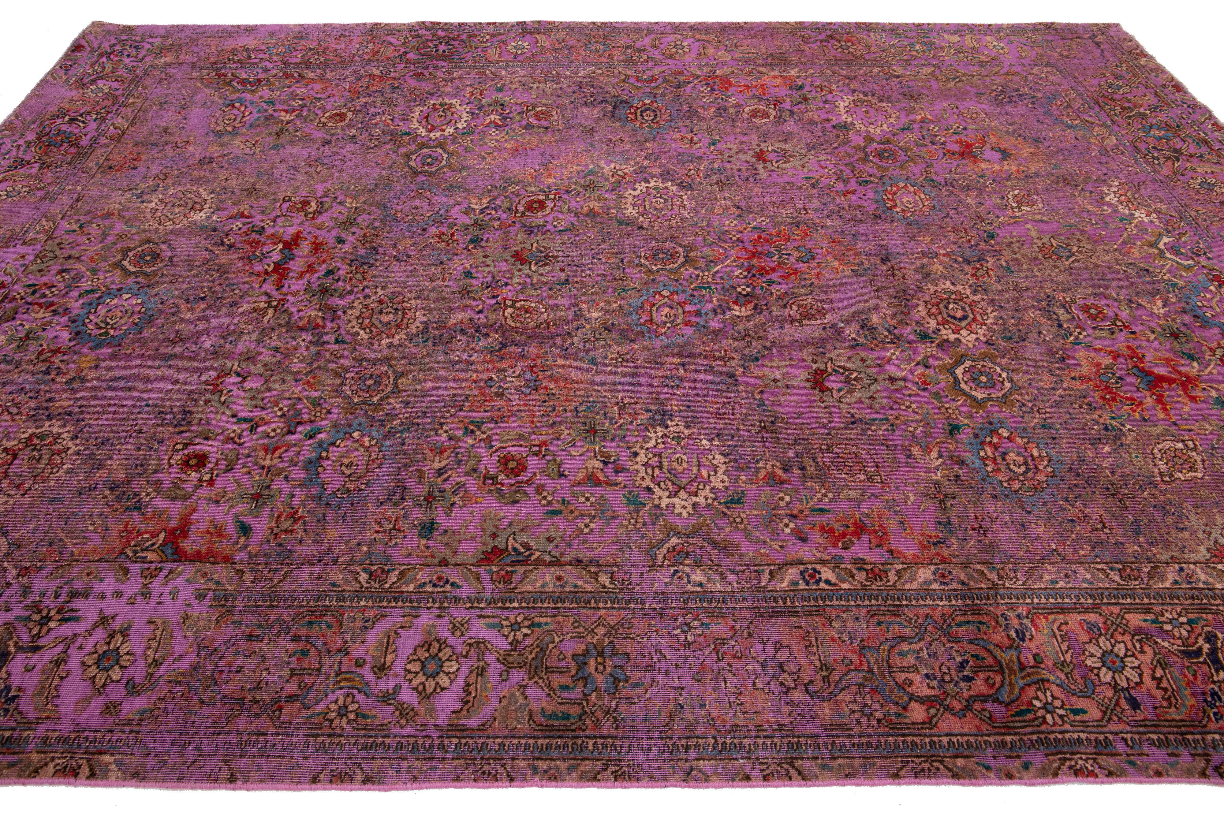 Antique Persian Overdyed Wool Rug With Floral Pattern In Purple For Sale 2