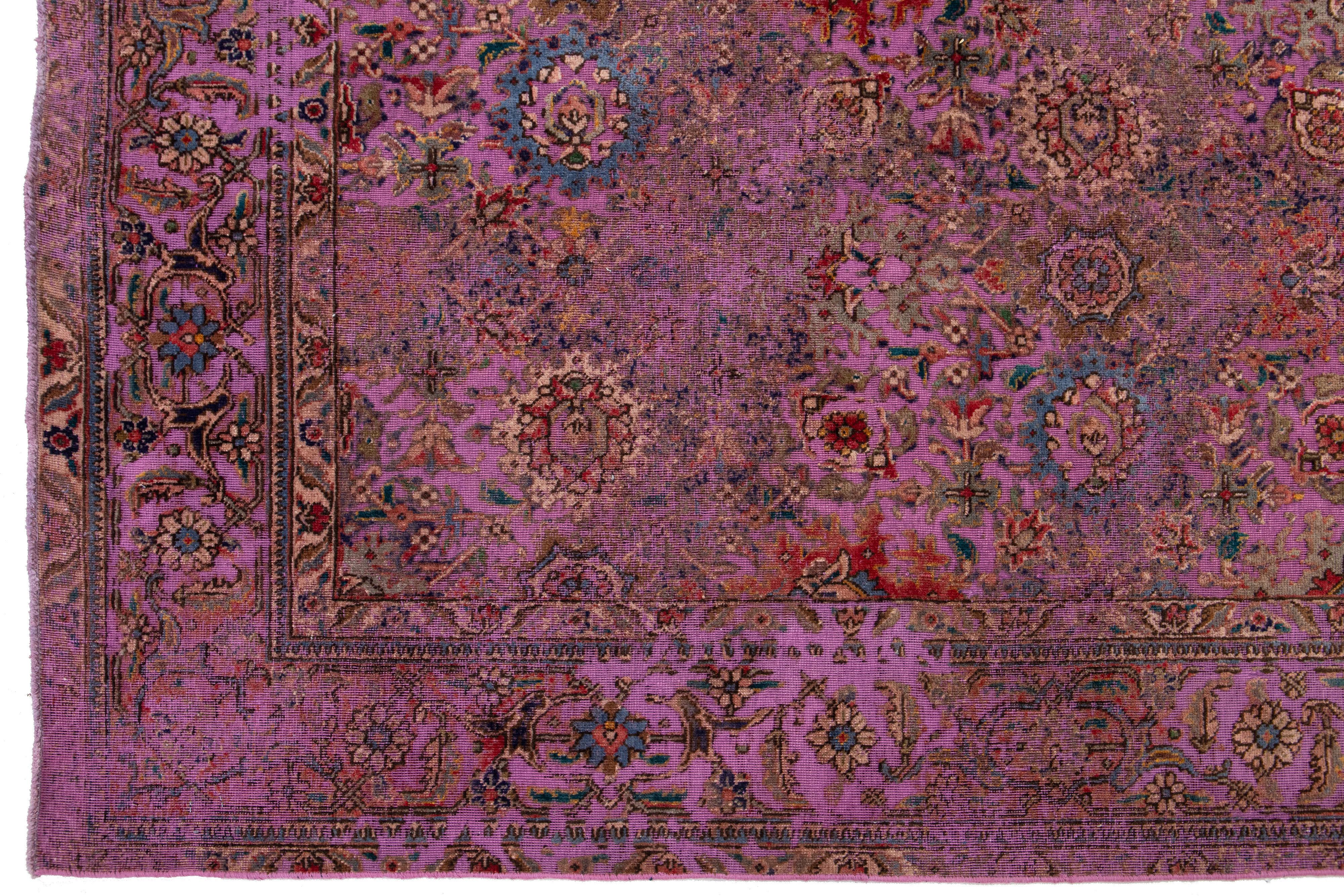 Antique Persian Overdyed Wool Rug With Floral Pattern In Purple For Sale 3