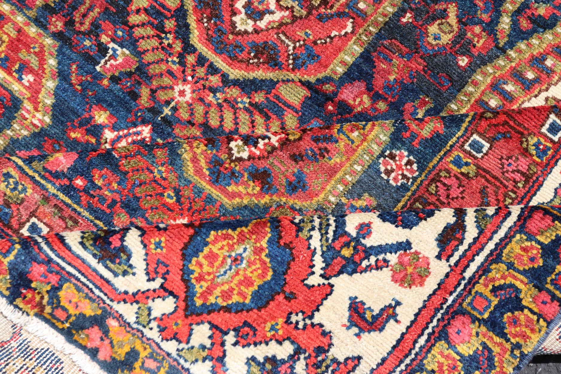 Antique Persian Paisley Field Hamadan in Multi-Tiered Border in Red and Blue For Sale 3