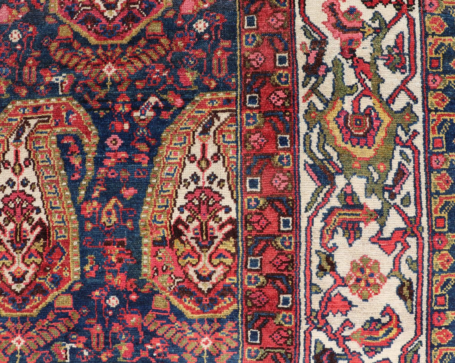 Hand-Knotted Antique Persian Paisley Field Hamadan in Multi-Tiered Border in Red and Blue For Sale