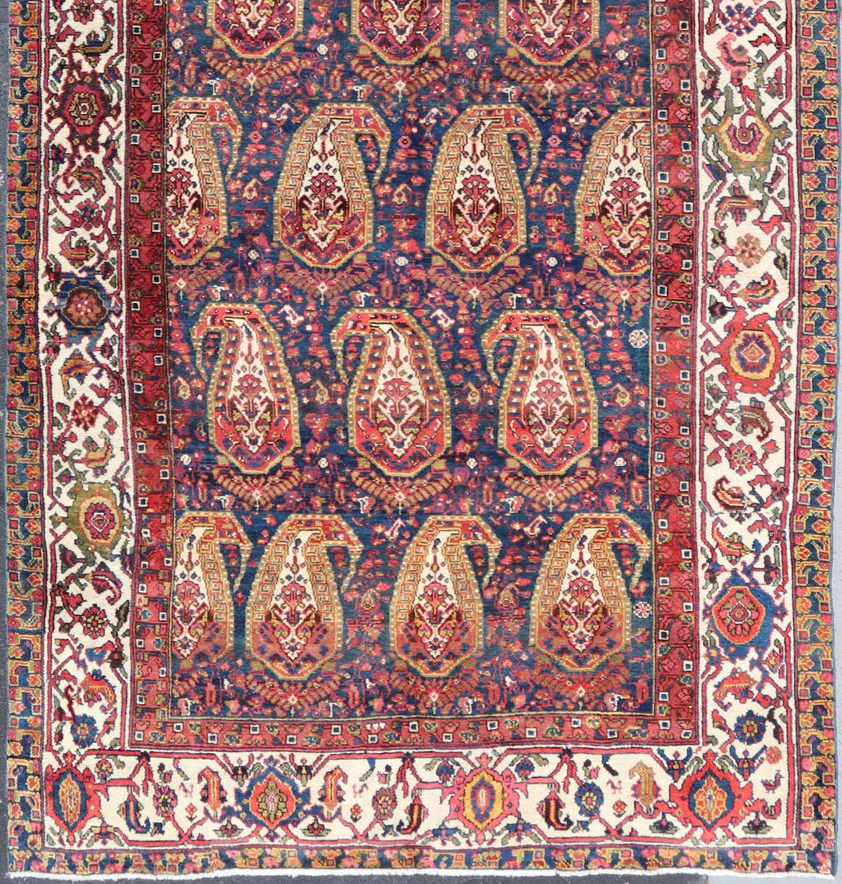 20th Century Antique Persian Paisley Field Hamadan in Multi-Tiered Border in Red and Blue For Sale