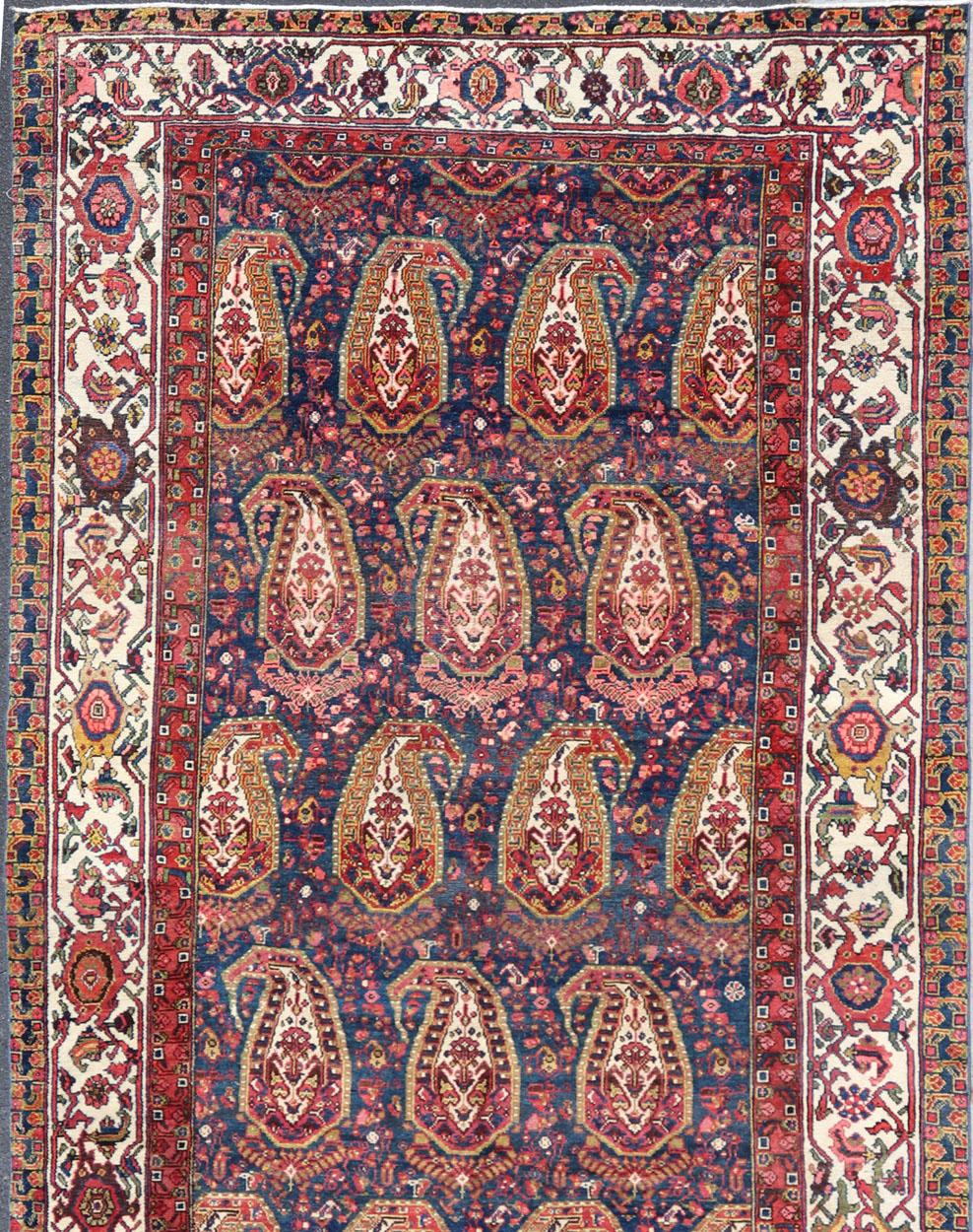 Wool Antique Persian Paisley Field Hamadan in Multi-Tiered Border in Red and Blue For Sale