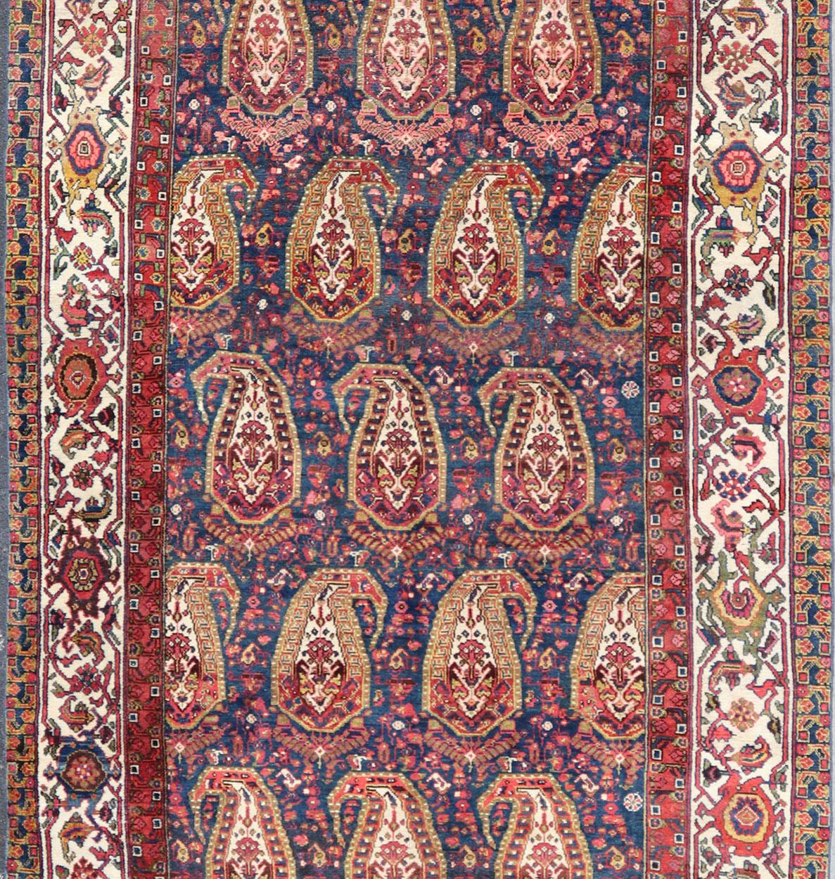 Antique Persian Paisley Field Hamadan in Multi-Tiered Border in Red and Blue For Sale 1