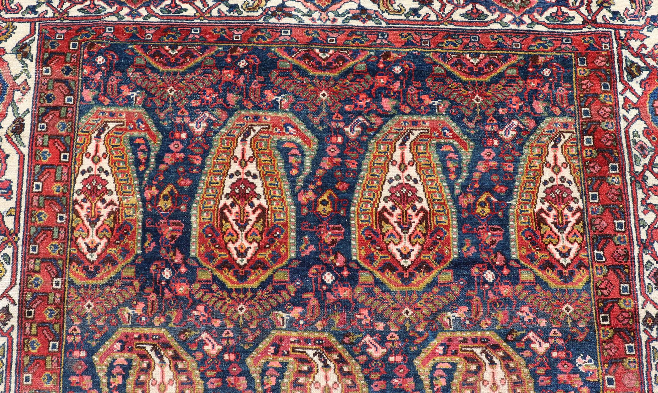 Antique Persian Paisley Field Hamadan in Multi-Tiered Border in Red and Blue For Sale 2