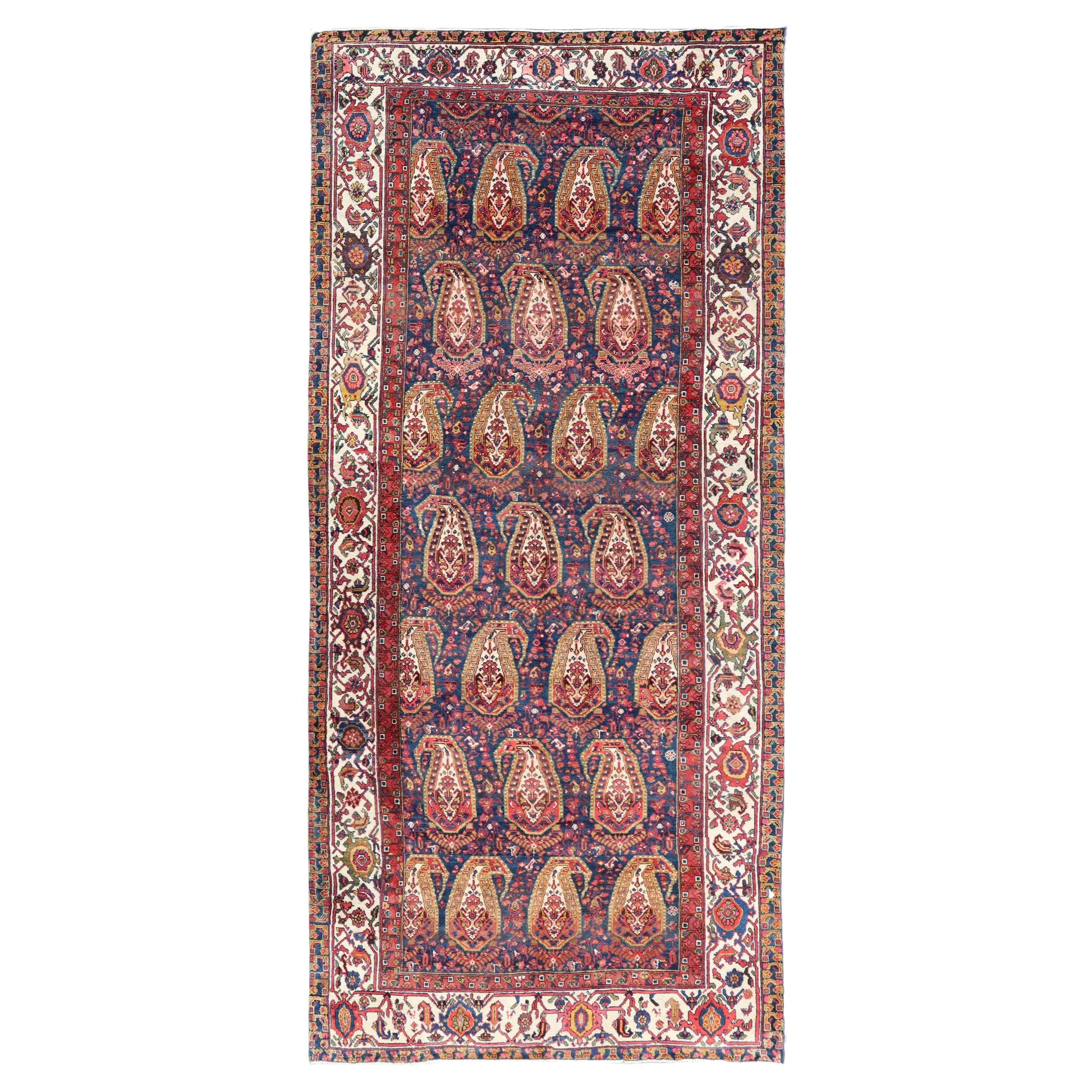 Antique Persian Paisley Field Hamadan in Multi-Tiered Border in Red and Blue For Sale