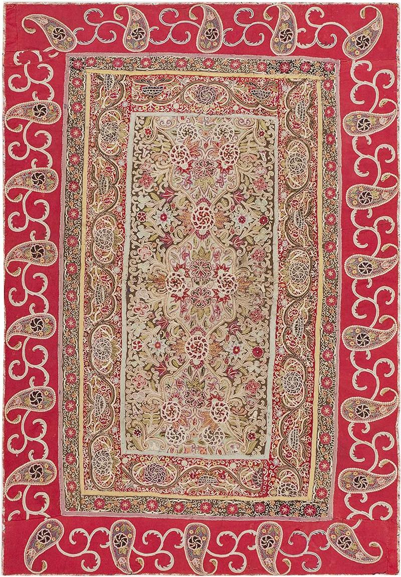 Hand-Woven Antique Persian Paisley Rashti Embroidery Textile 3'10
