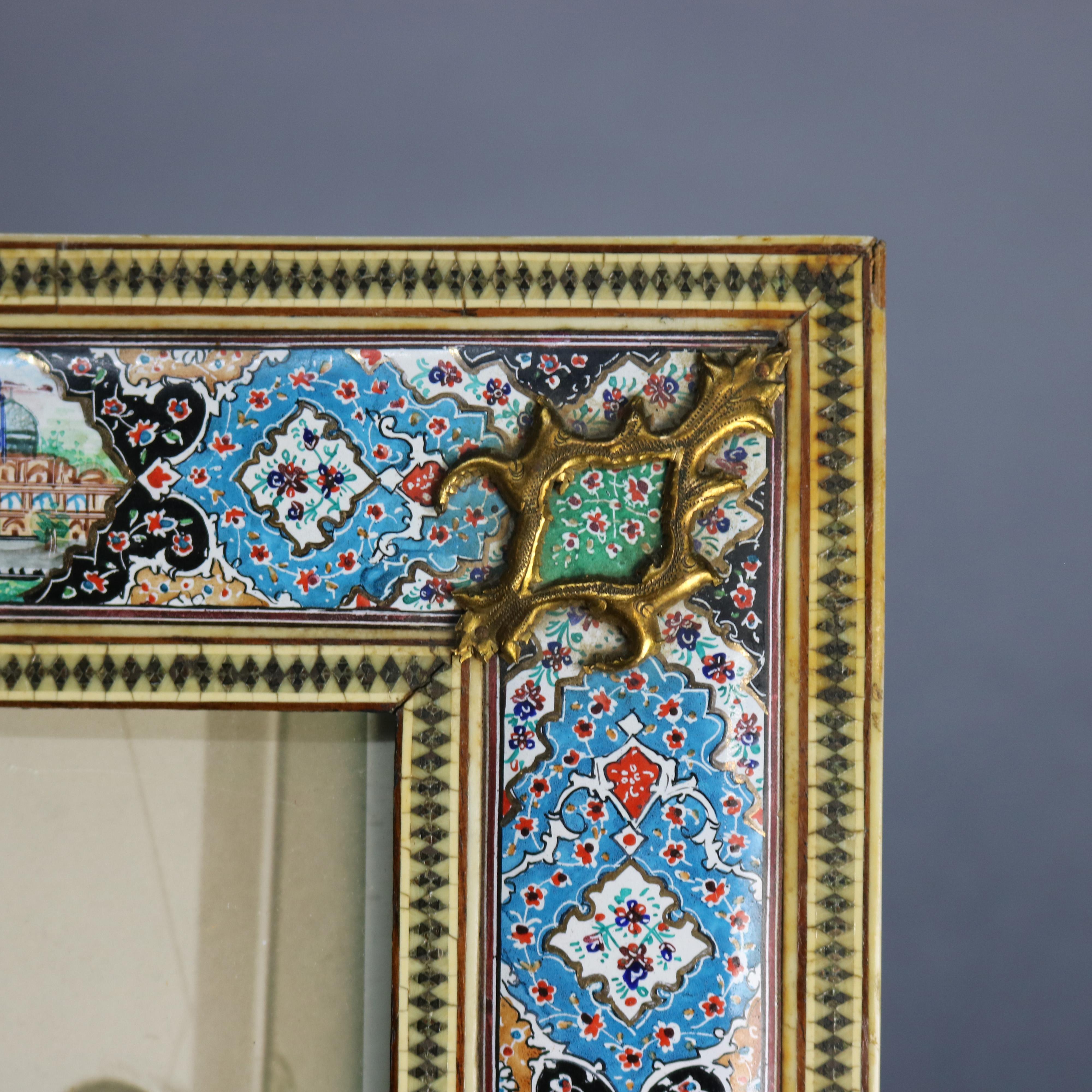 Asian Antique Persian Pictorial Enamel on Copper Picture Frame, 19th Century
