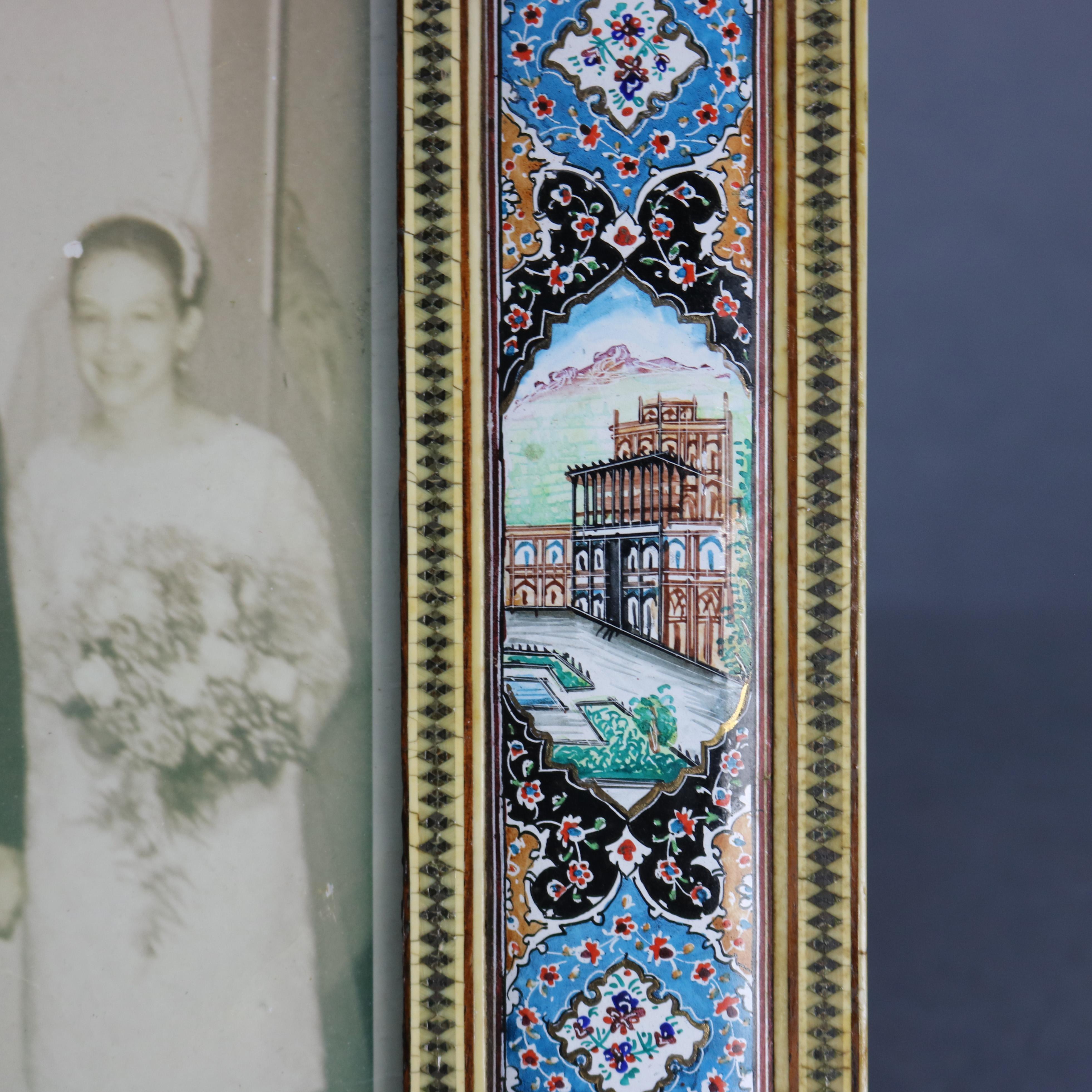 Gilt Antique Persian Pictorial Enamel on Copper Picture Frame, 19th Century
